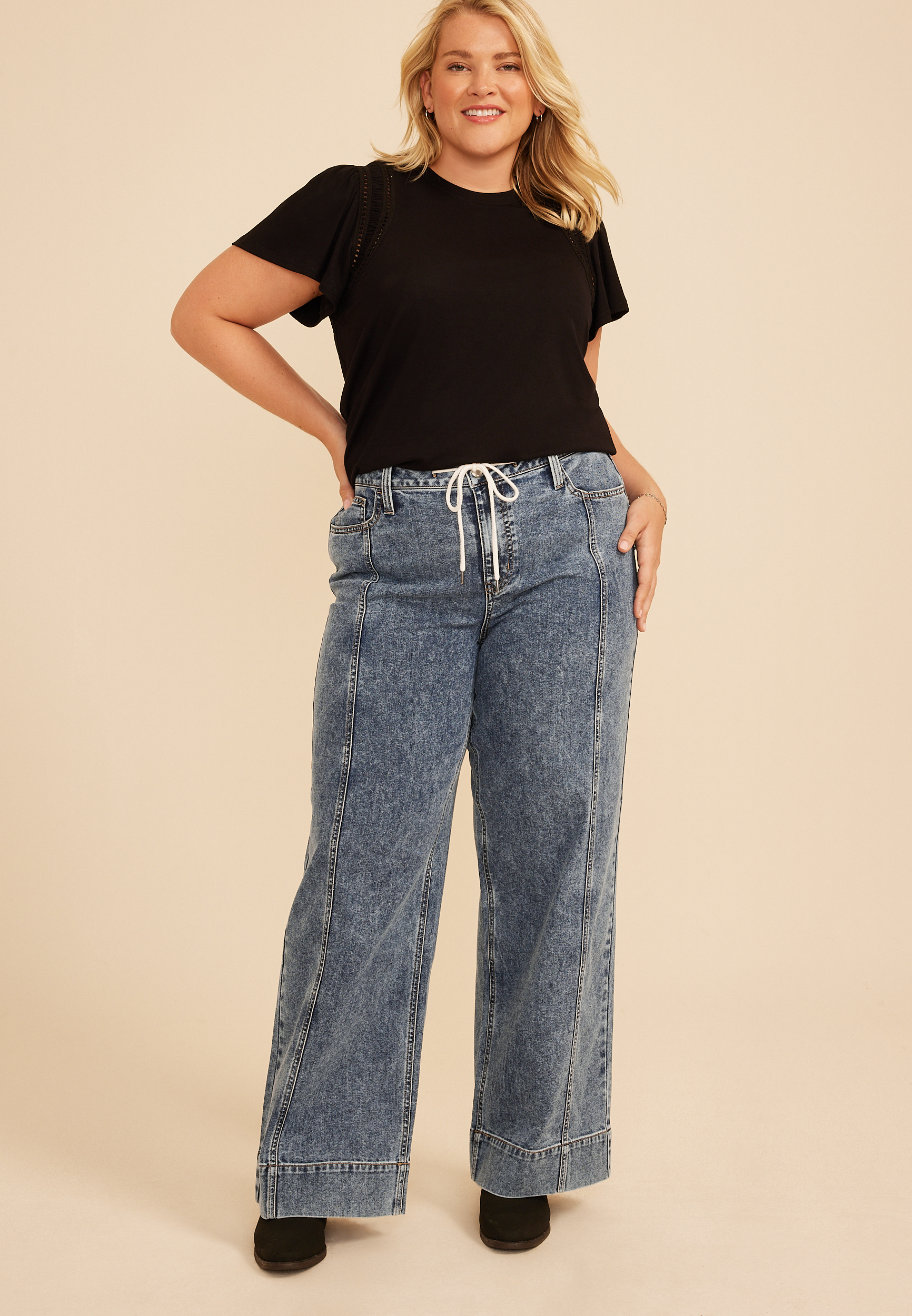 Plus Size High Rise Tie Waist Seamed Front Wide Leg Jean, C3337, large
