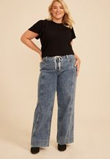 Plus Size High Rise Tie Waist Seamed Front Wide Leg Jean, C3337, small