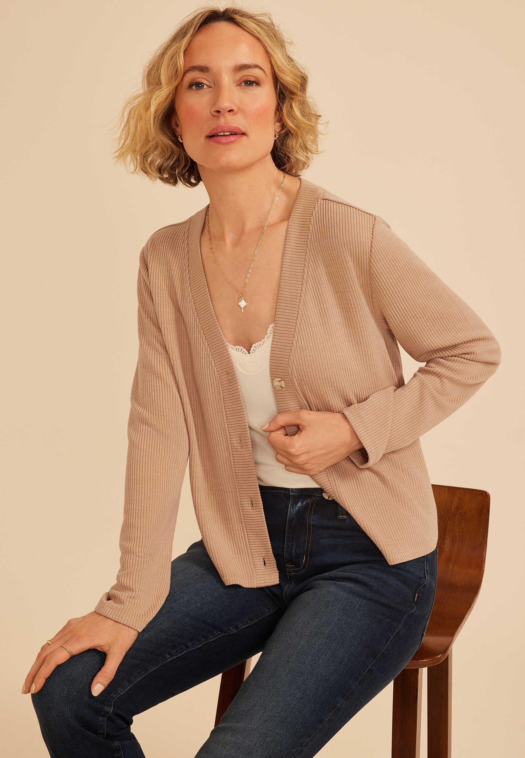 Ribbed V Neck Button Front Cardigan