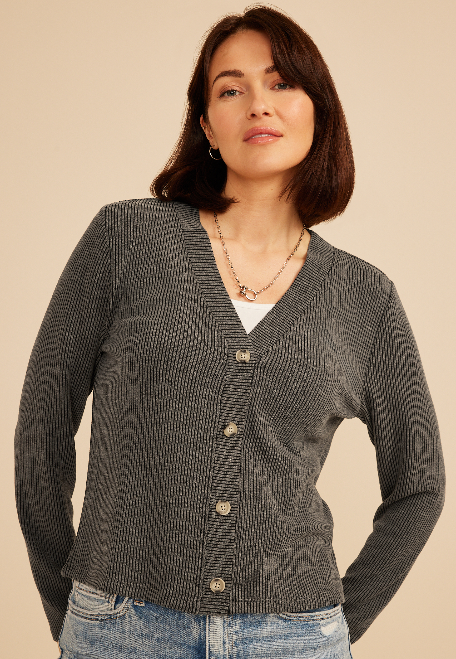 Ribbed V Neck Button Front Cardigan, C2820, large