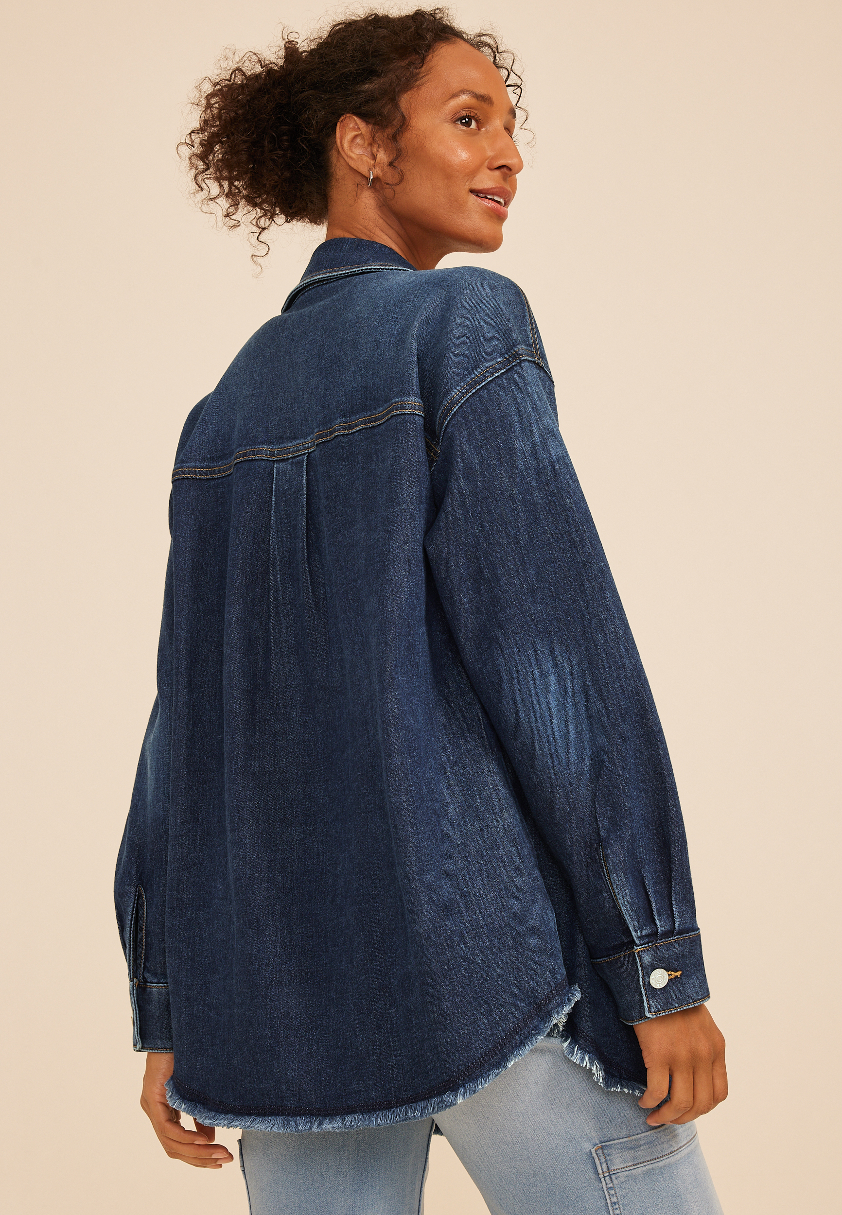 Dark Denim Fray Hem Oversized Shacket, C258, large