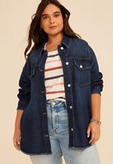 Plus Size Dark Denim Fray Hem Oversized Shacket, C258, small