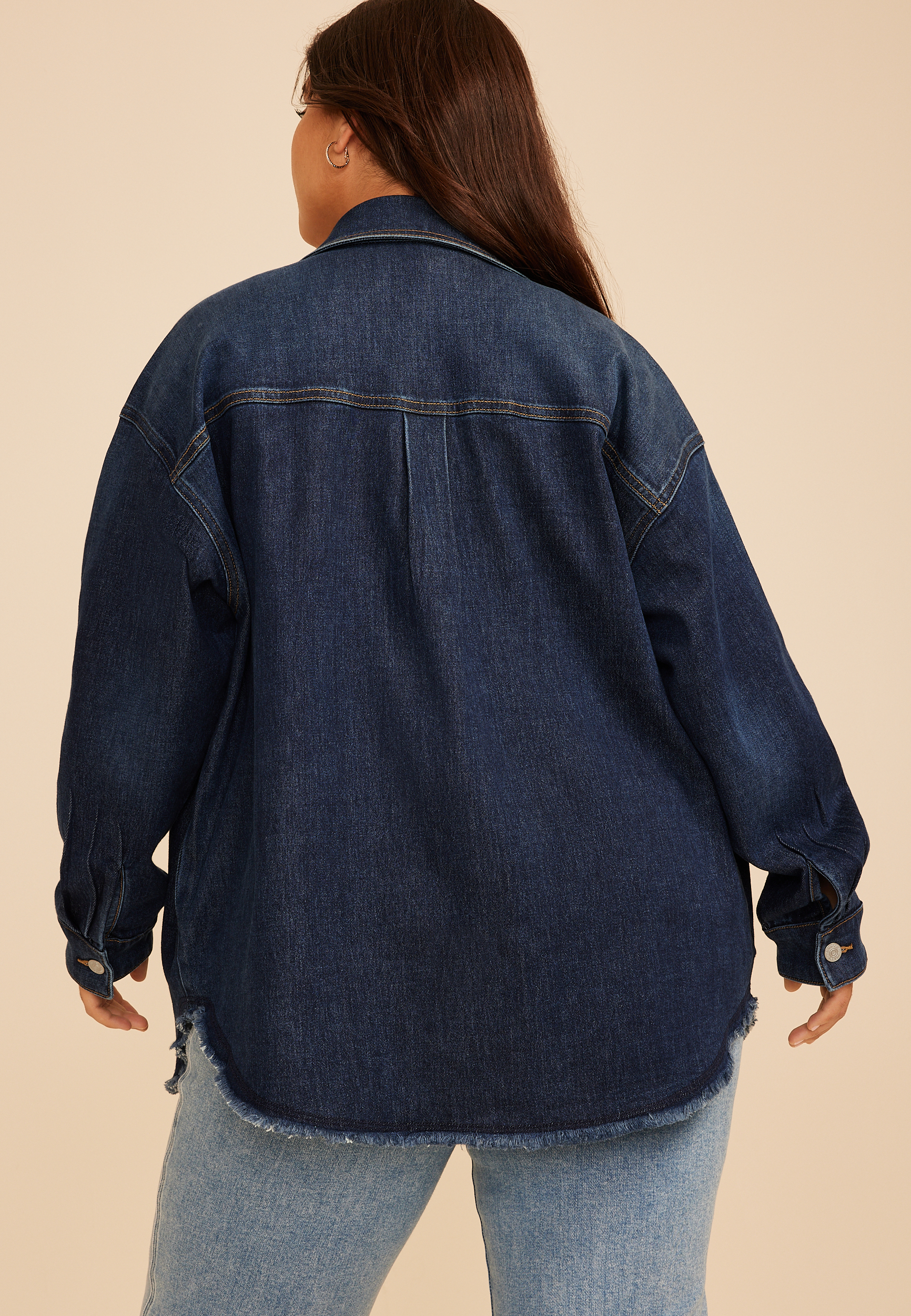 Plus Size Dark Denim Fray Hem Oversized Shacket, C258, large