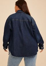 Plus Size Dark Denim Fray Hem Oversized Shacket, C258, small