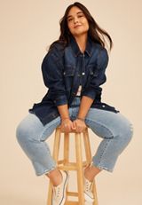 Plus Size Dark Denim Fray Hem Oversized Shacket, C258, small