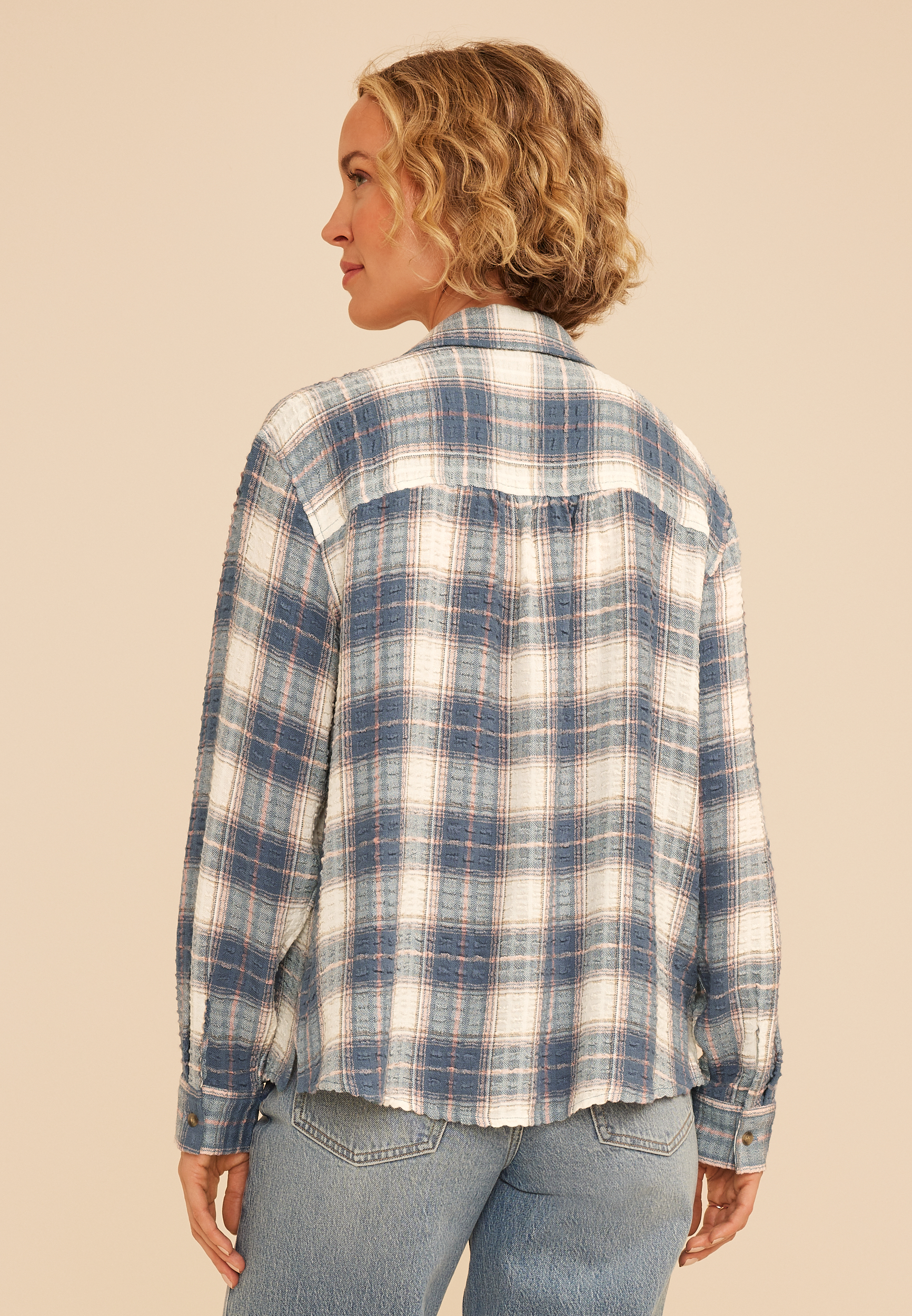 Pucker Plaid Button Down Shirt, C4131, large