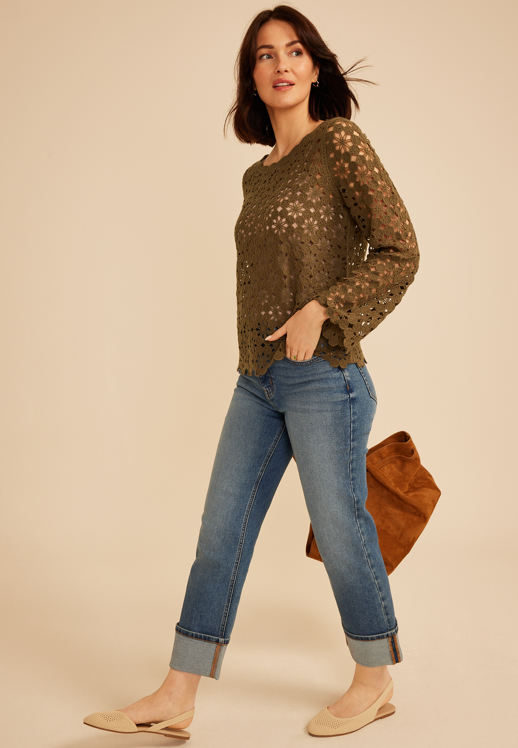 Open Stitch Floral Crochet Sweater, C115, large