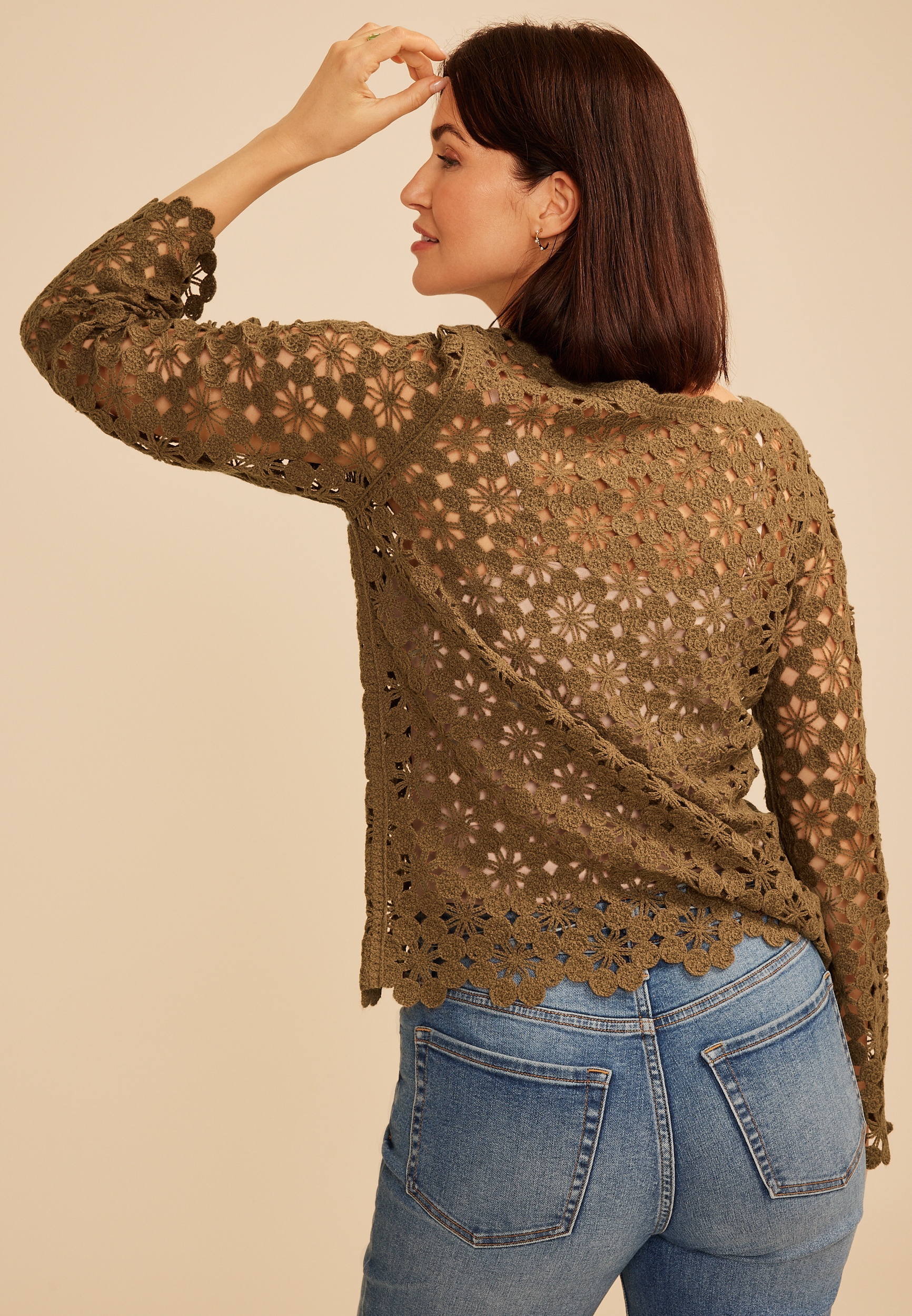 Open Stitch Floral Crochet Sweater, C115, large