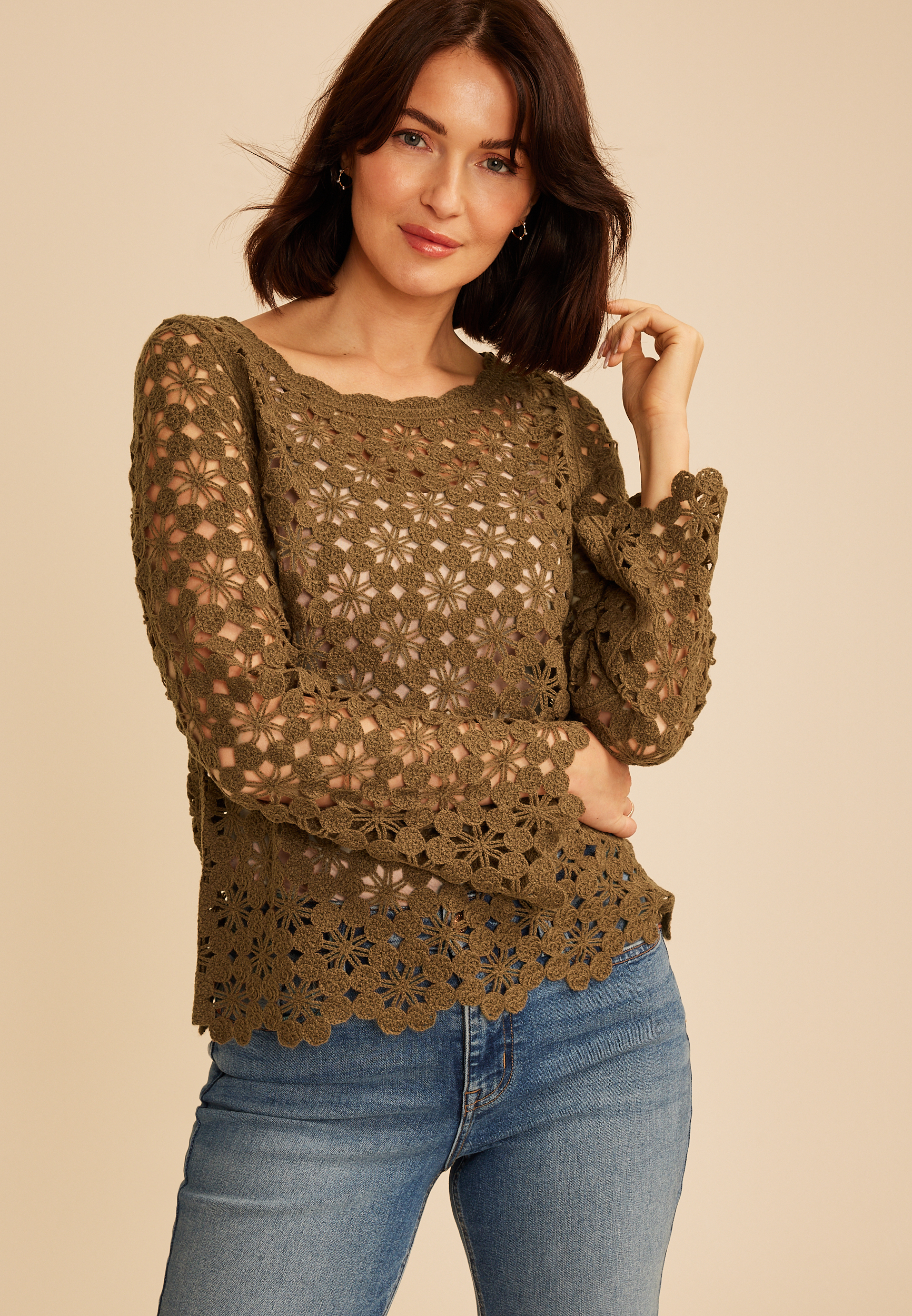 Open Stitch Floral Crochet Sweater, C115, large