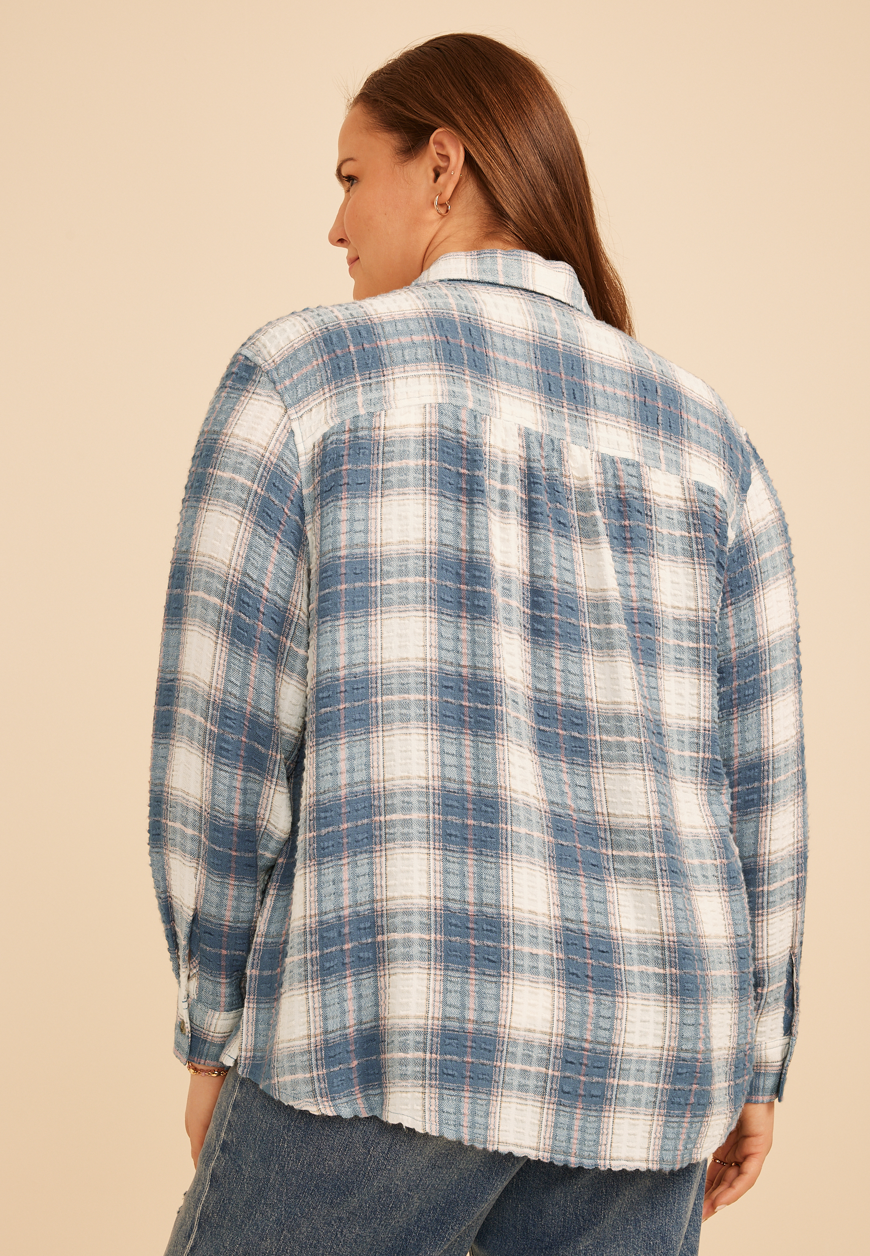Plus Size Pucker Plaid Button Down Shirt, C4131, large