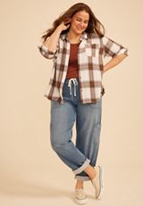 Plus Size Pucker Plaid Button Down Shirt, C8478, small