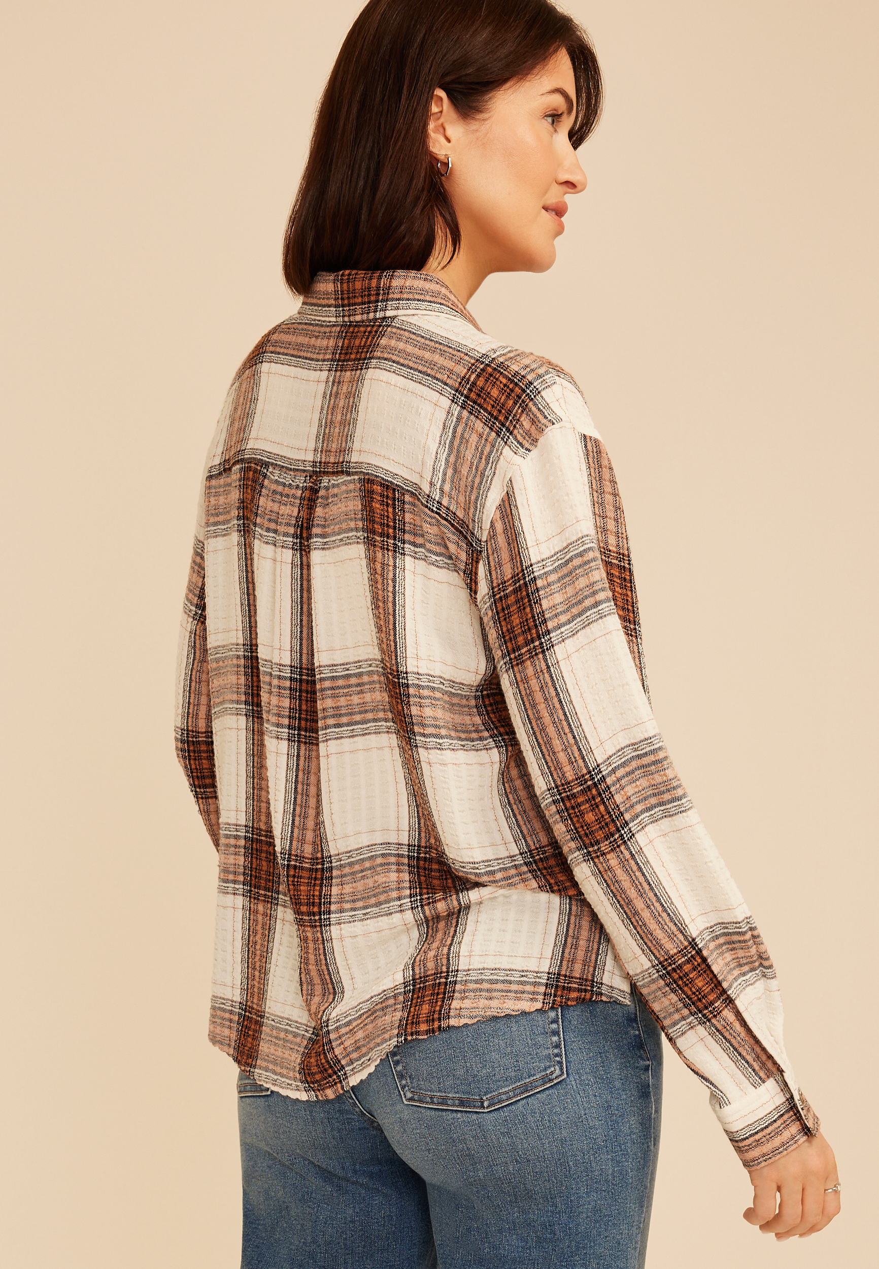 Pucker Plaid Button Down Shirt, C8478, large