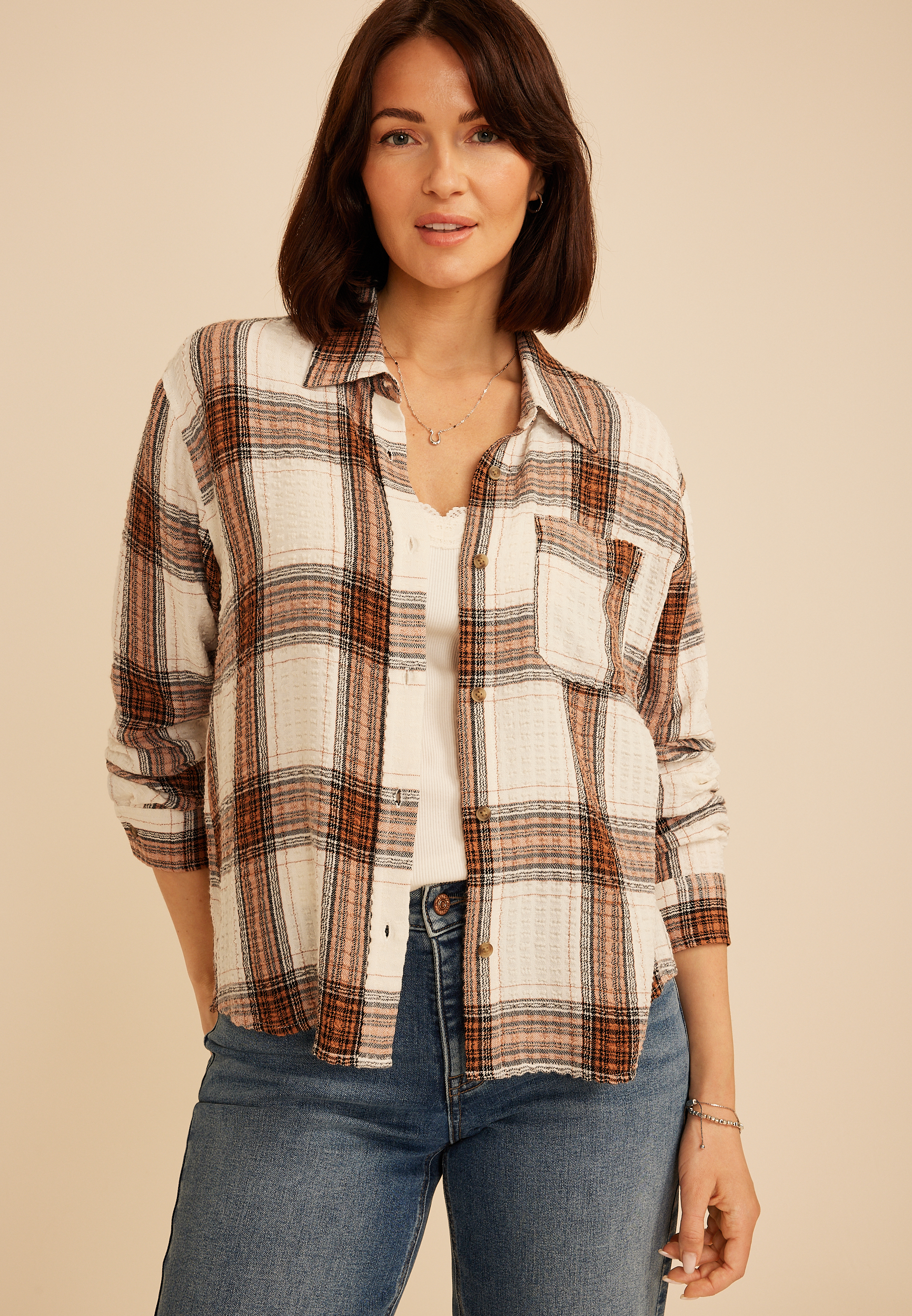 Pucker Plaid Button Down Shirt, C8478, large