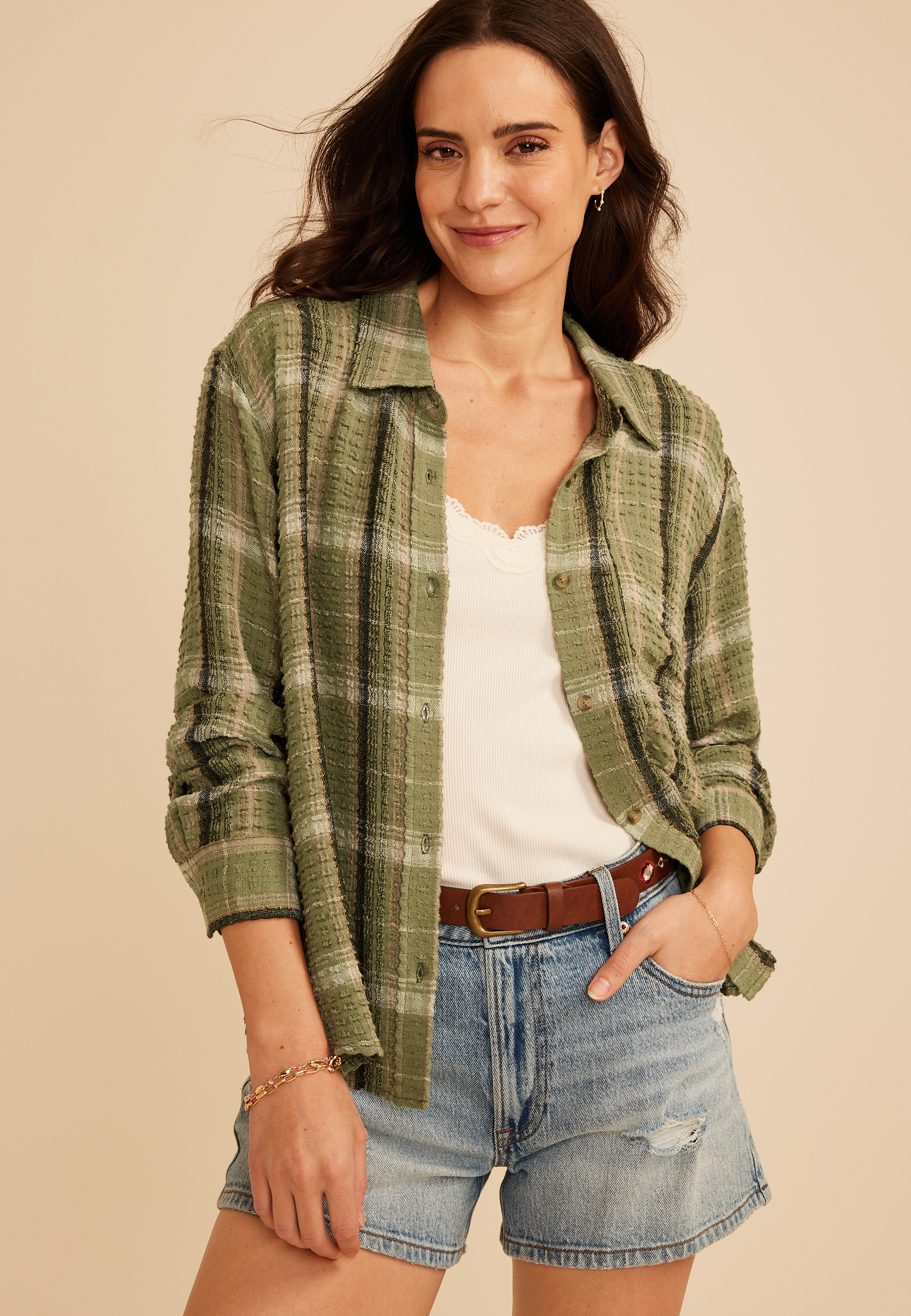 Pucker Plaid Button Down Shirt