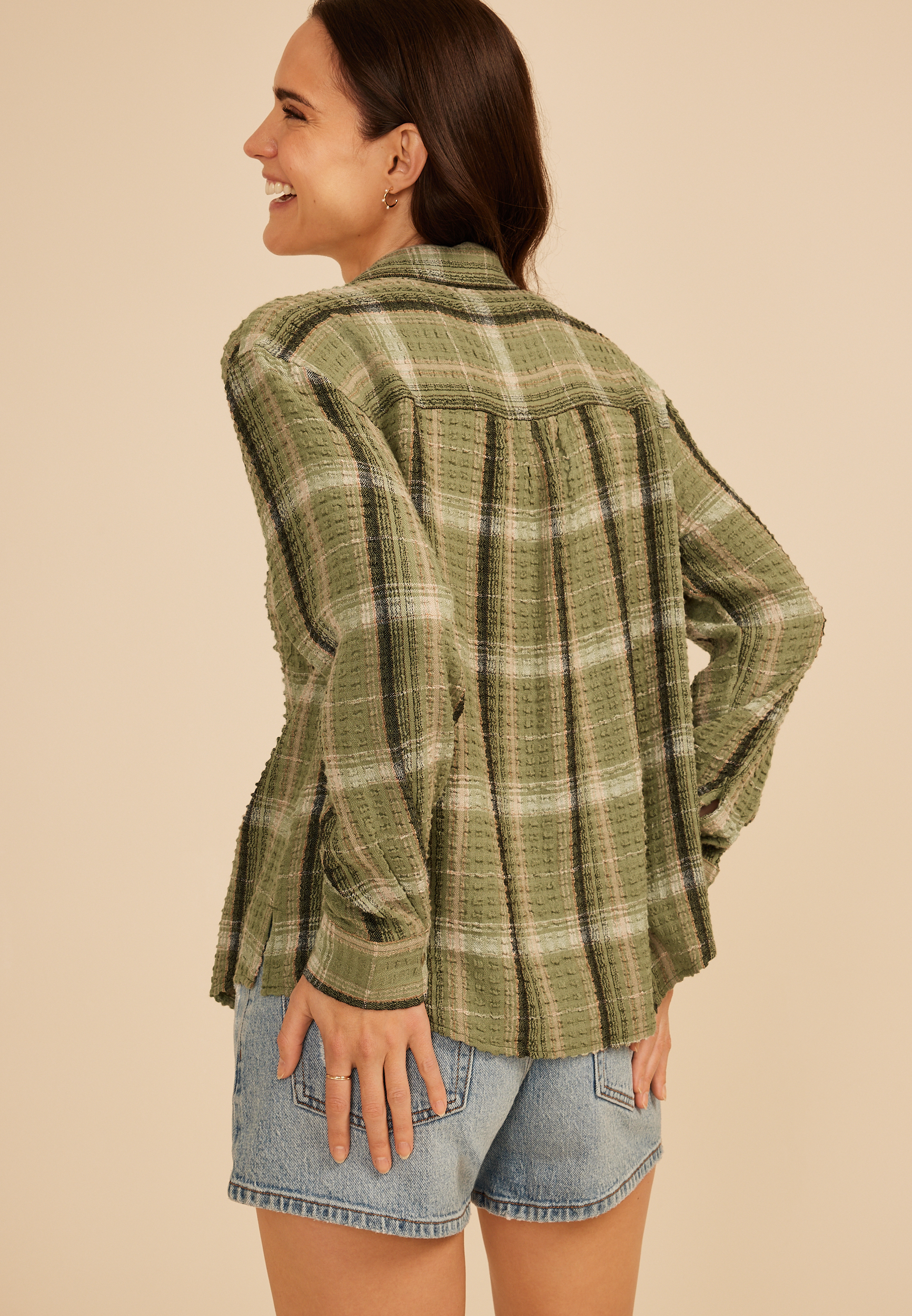 Pucker Plaid Button Down Shirt, C9017, large
