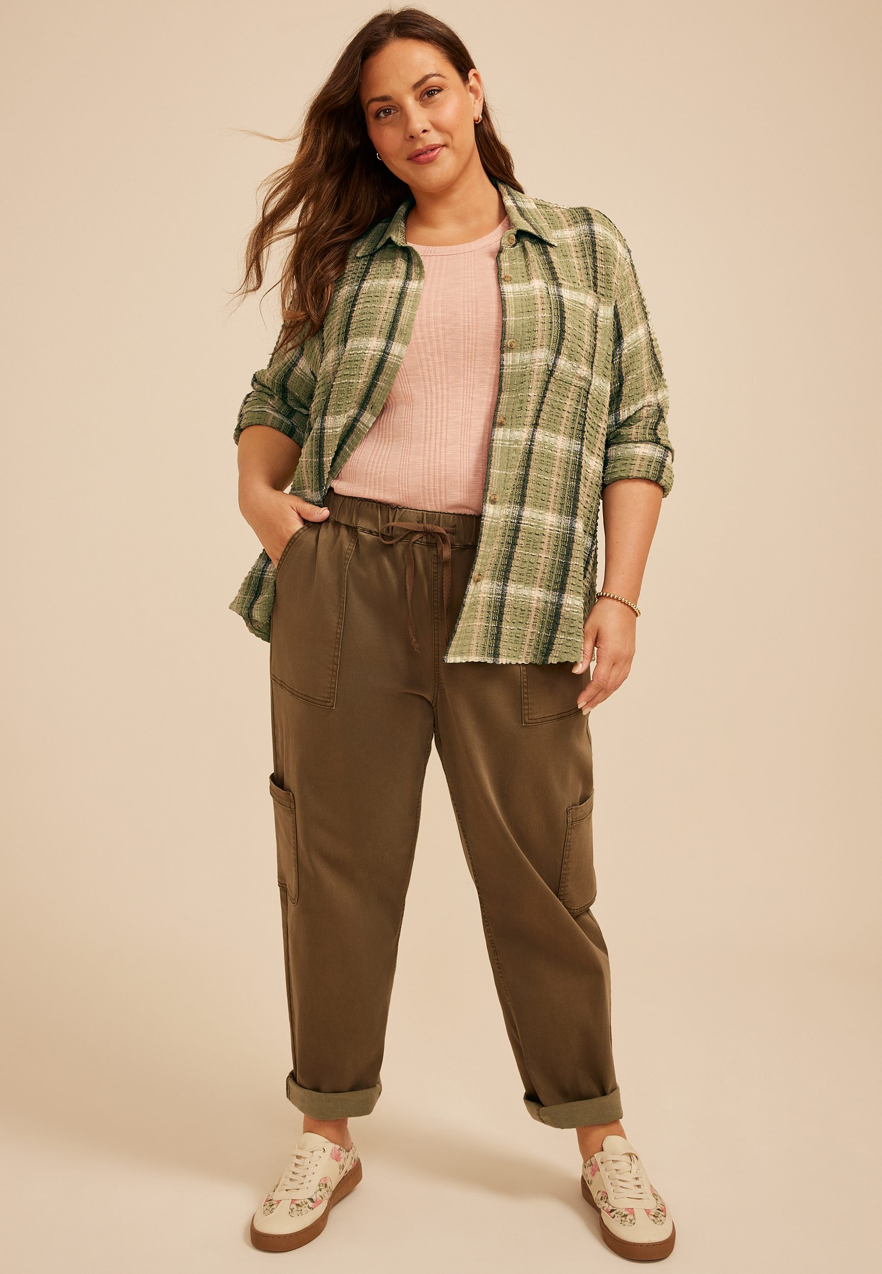 Plus Size Pucker Plaid Button Down Shirt