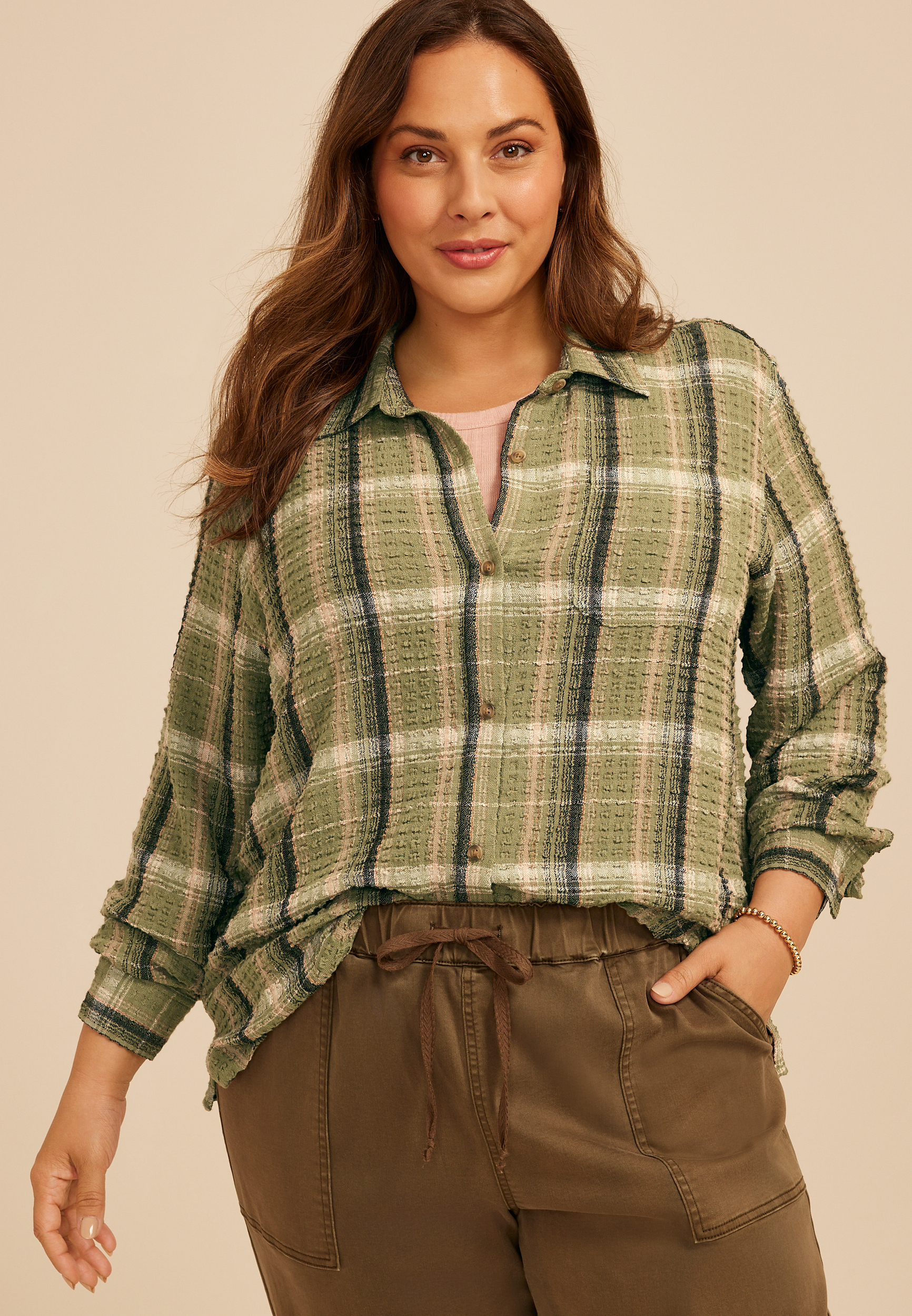 Plus Size Pucker Plaid Button Down Shirt, C9017, large