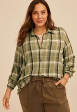 Plus Size Pucker Plaid Button Down Shirt, C9017, small