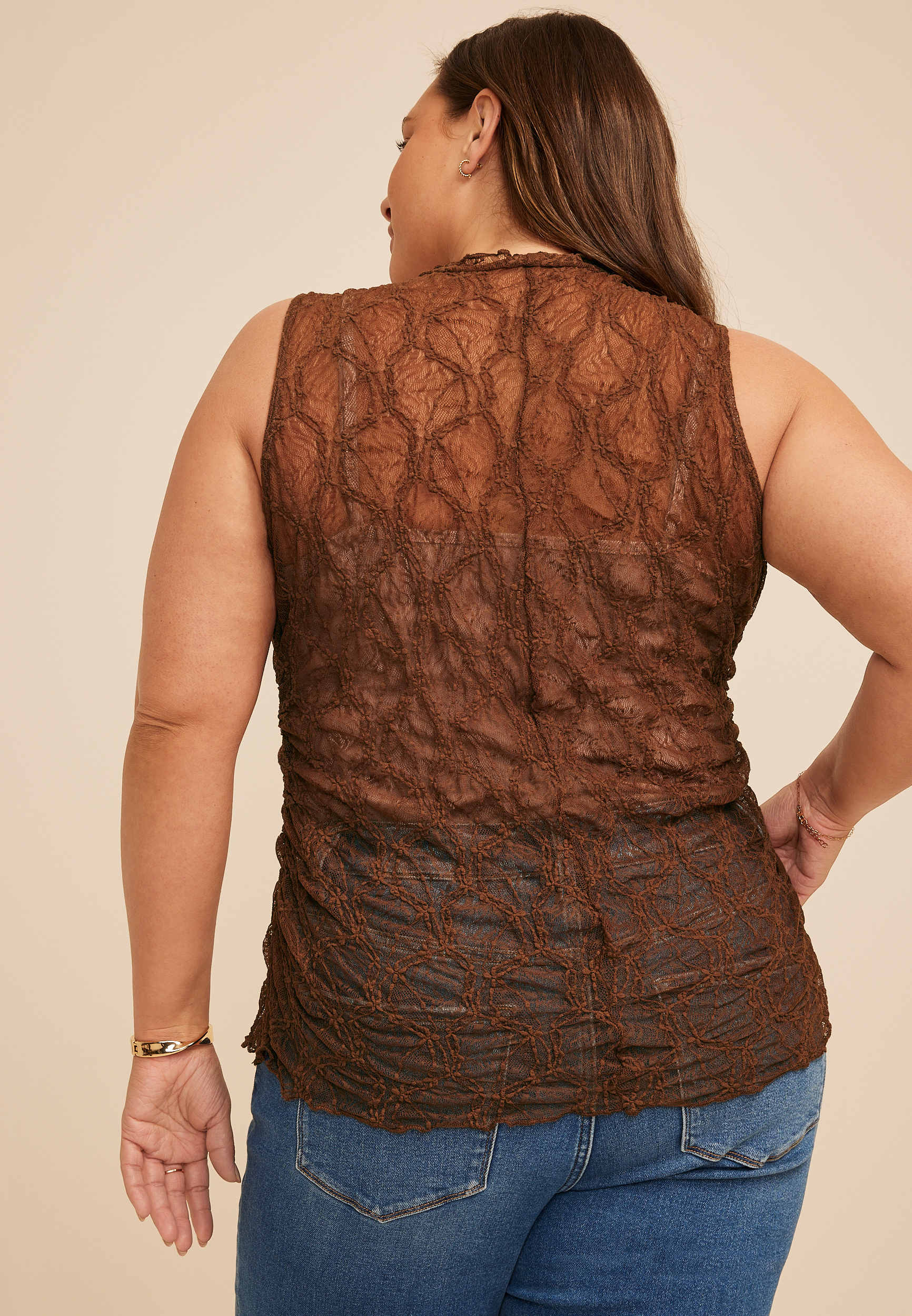Plus Size Sheer Floral Lace Side Shirred Tank Top | maurices