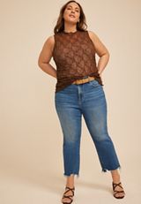 Plus Size Sheer Floral Lace Side Shirred Tank Top, C115, small