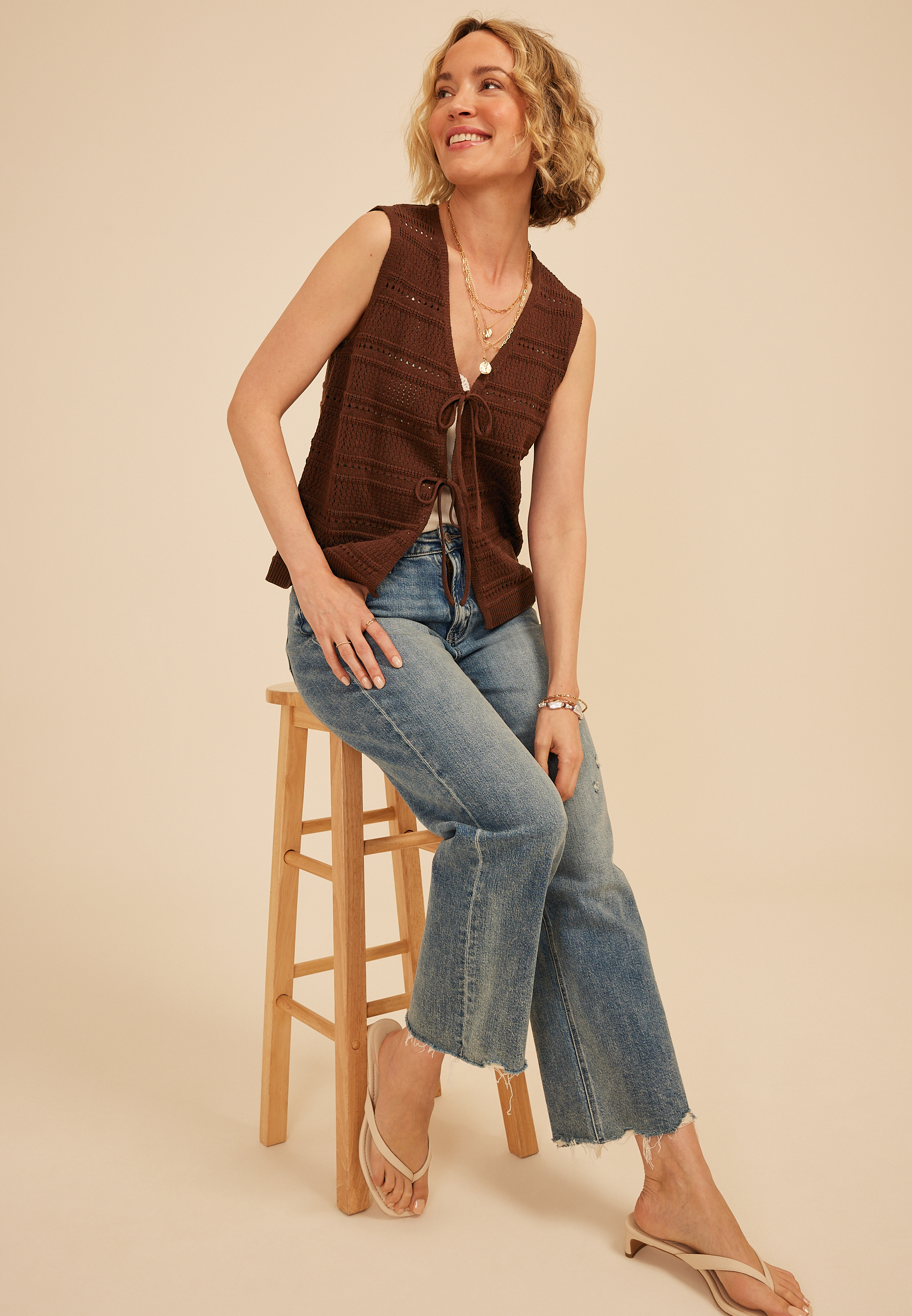 Textured Stripe Tie Front Vest, C6058, large