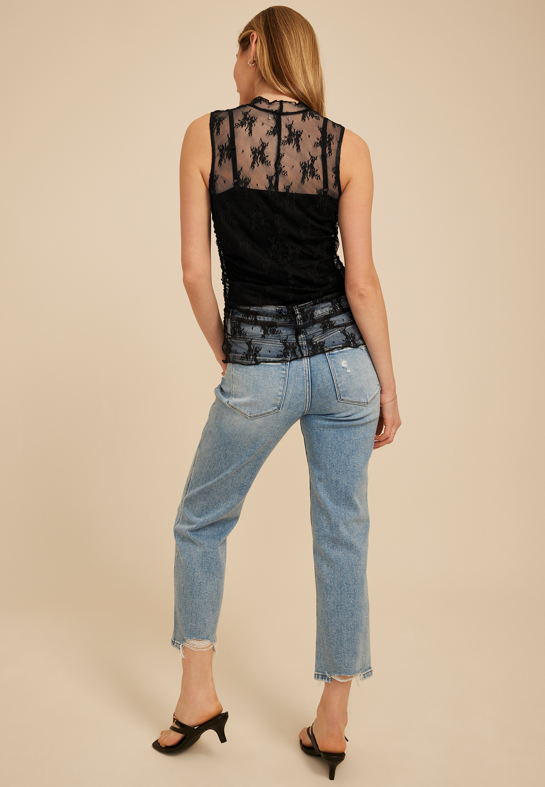 Floral Sheer Lace Mock Neck Tank Top