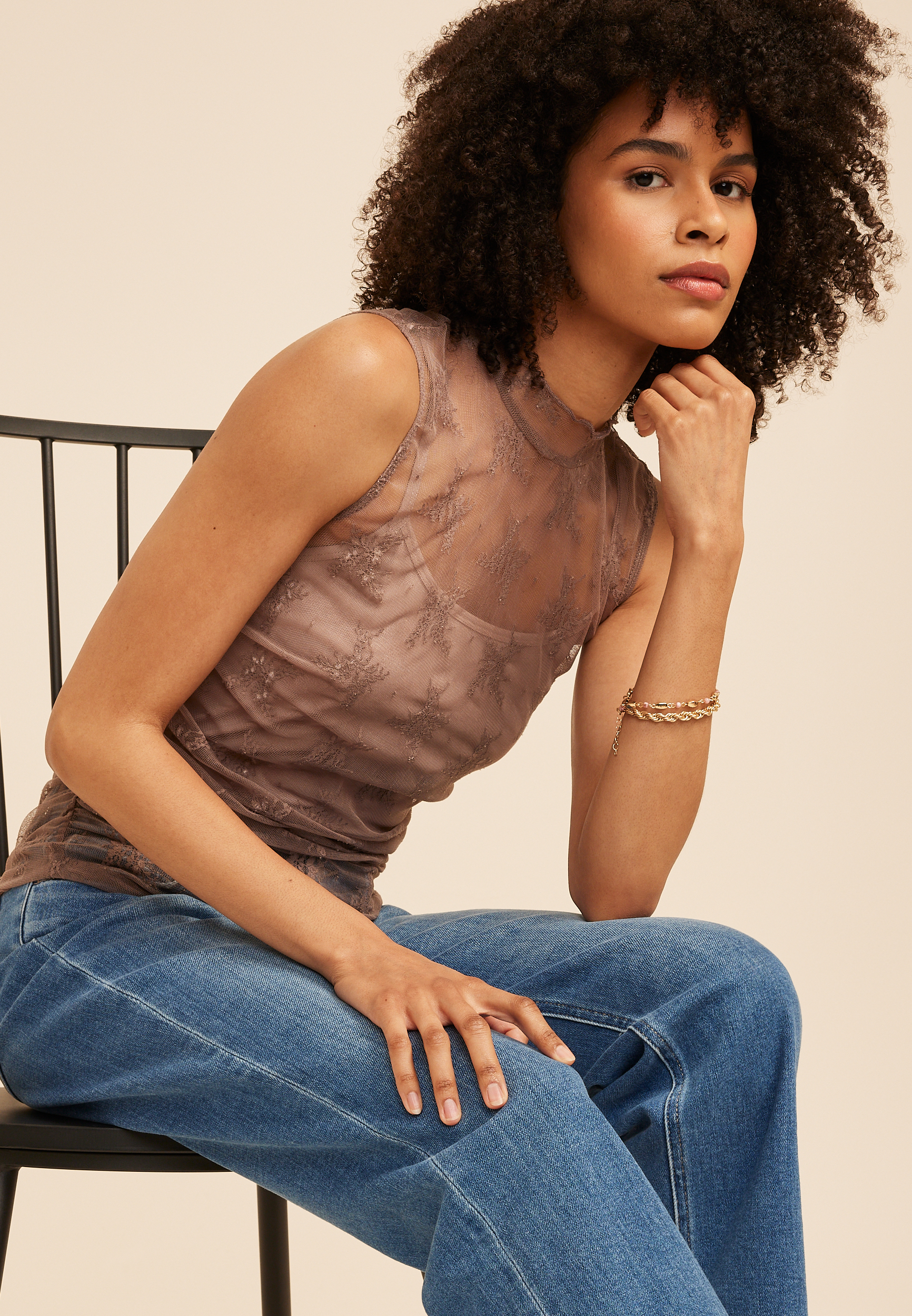 Floral Sheer Lace Mock Neck Tank Top