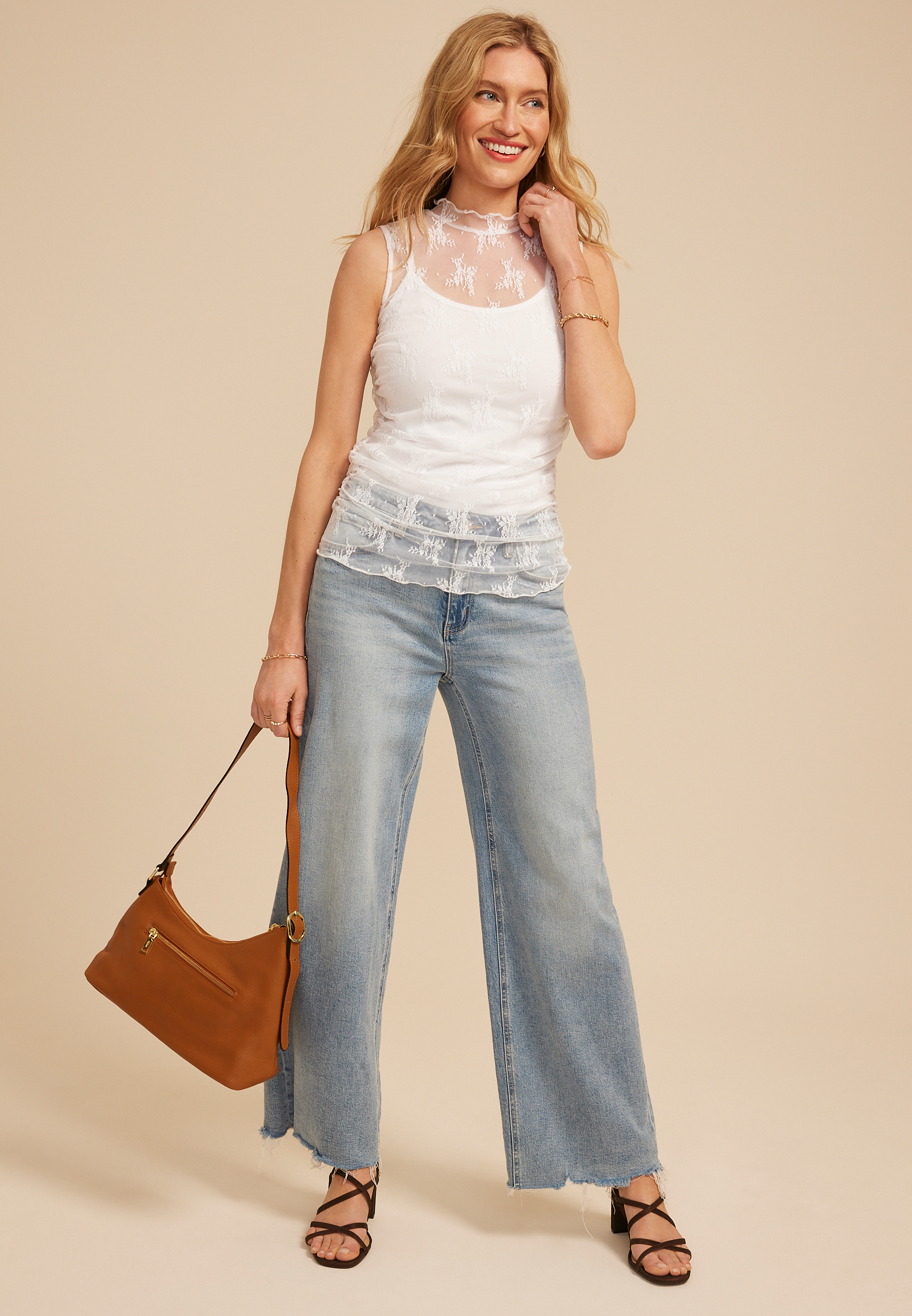 Floral Sheer Lace Mock Neck Tank Top - thumbnail 3