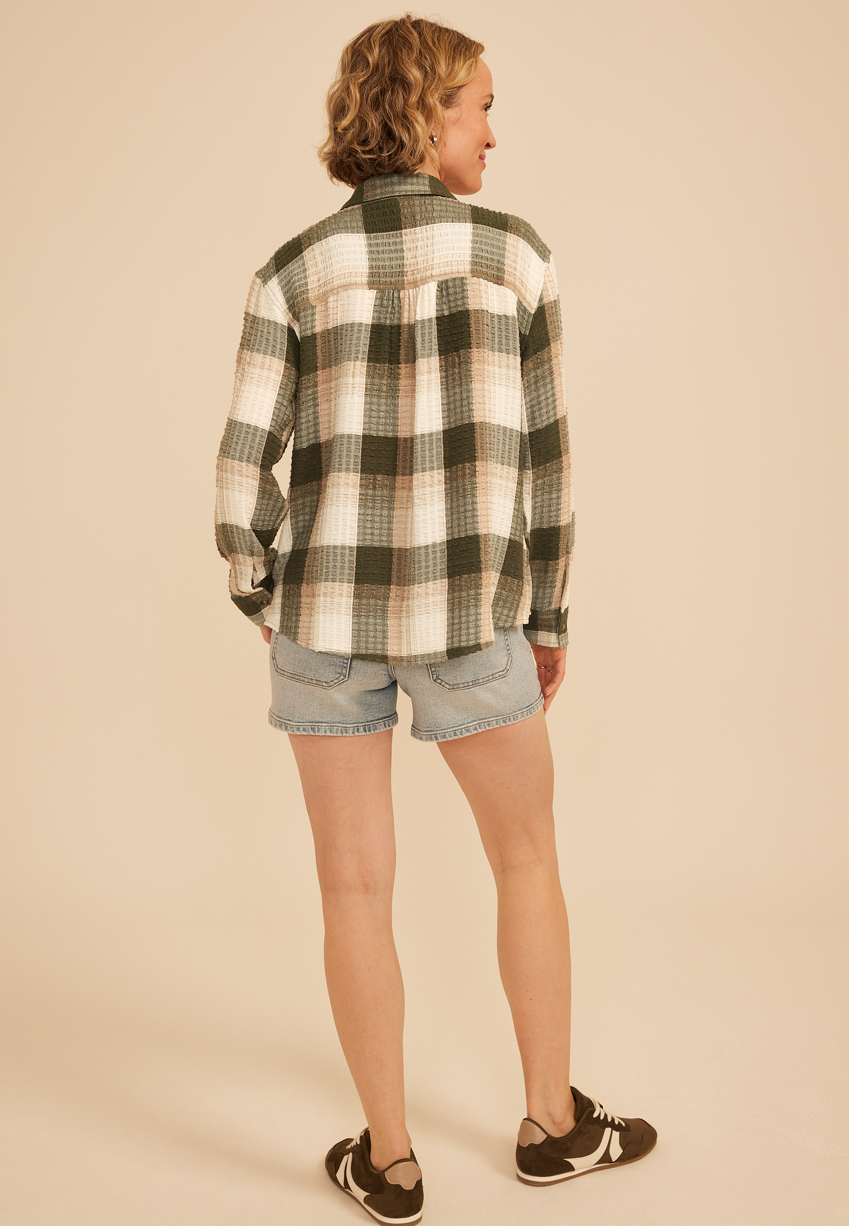 Pucker Plaid Button Down Shirt, C1246, large