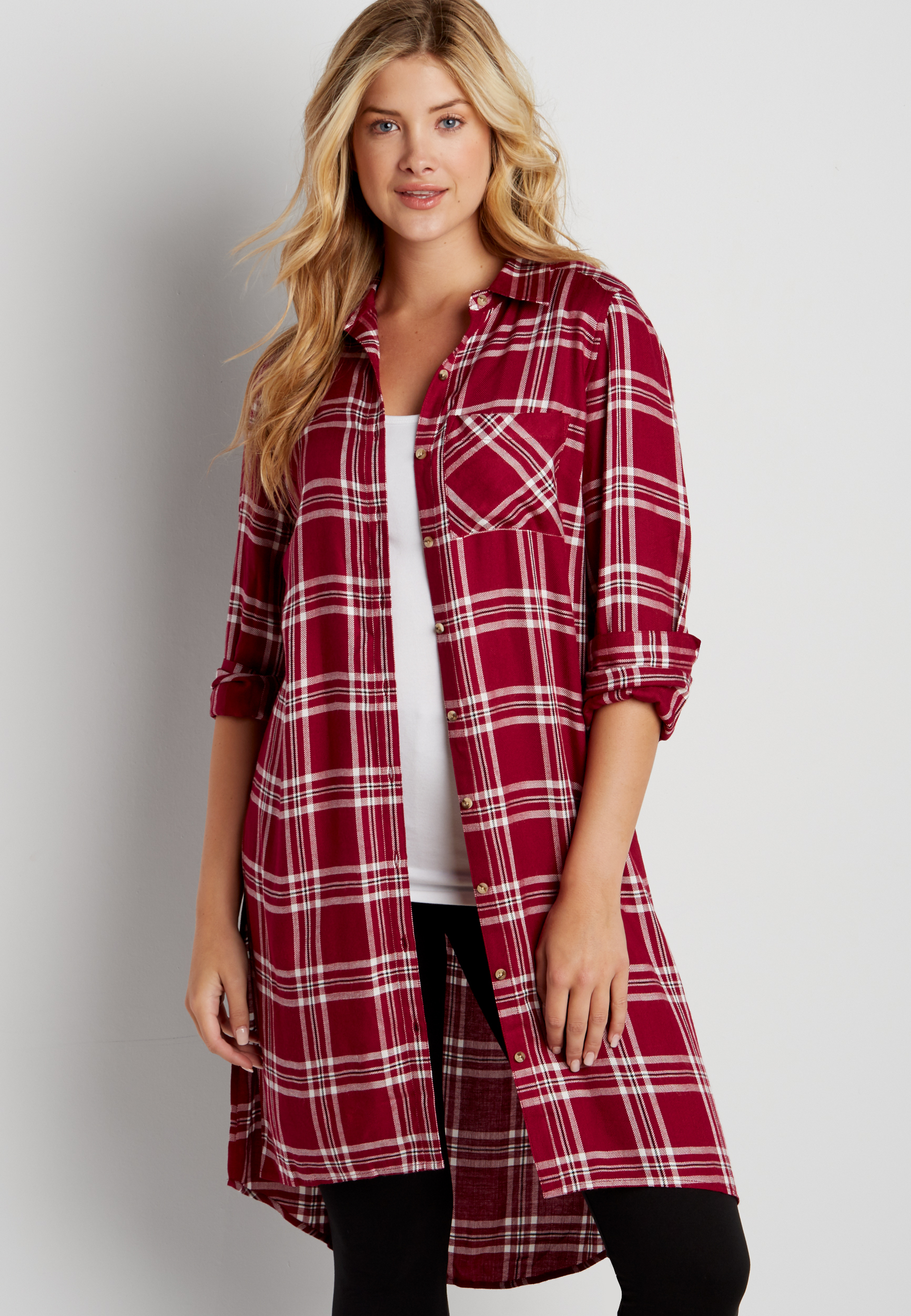 button down tunic shirt in rose petal red plaid | maurices