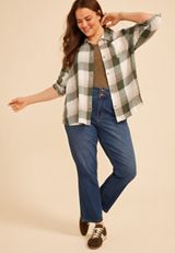 Plus Size Pucker Plaid Button Down Shirt, C1246, small