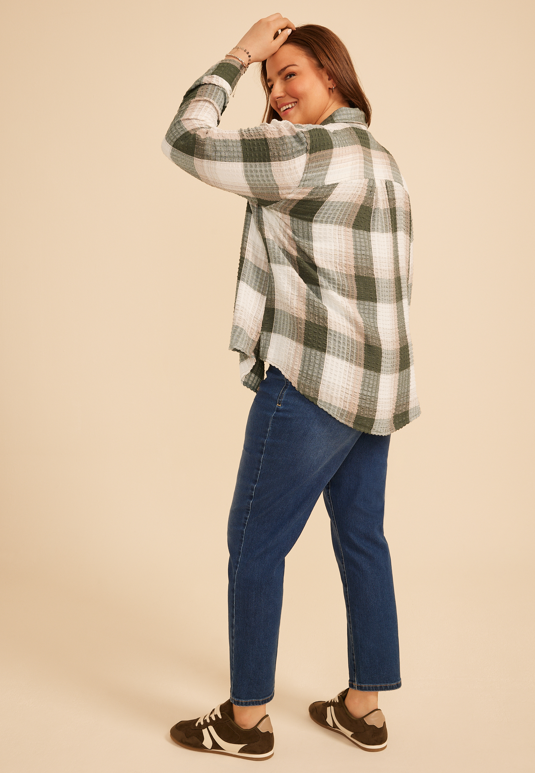 Plus Size Pucker Plaid Button Down Shirt, C1246, large