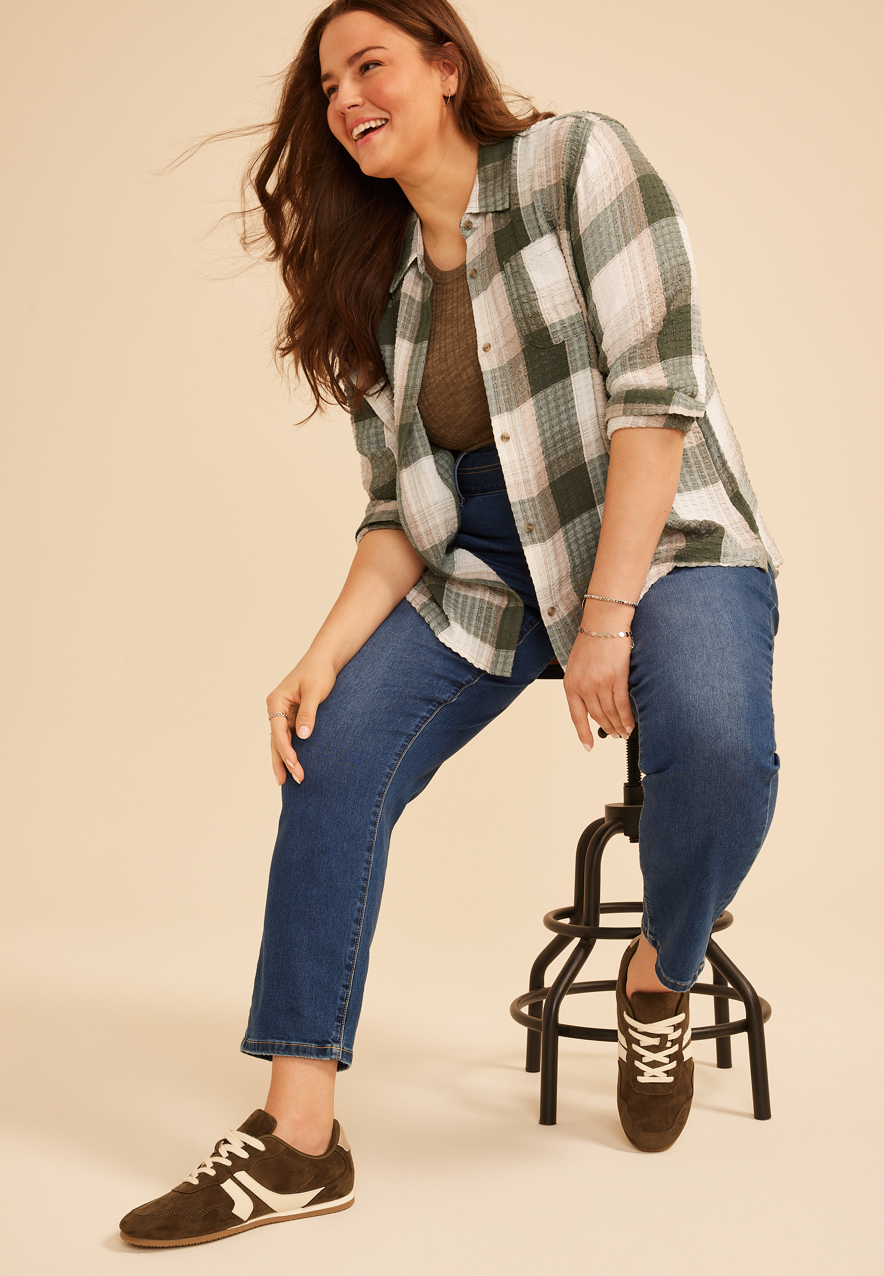 Plus Size Pucker Plaid Button Down Shirt, C1246, large