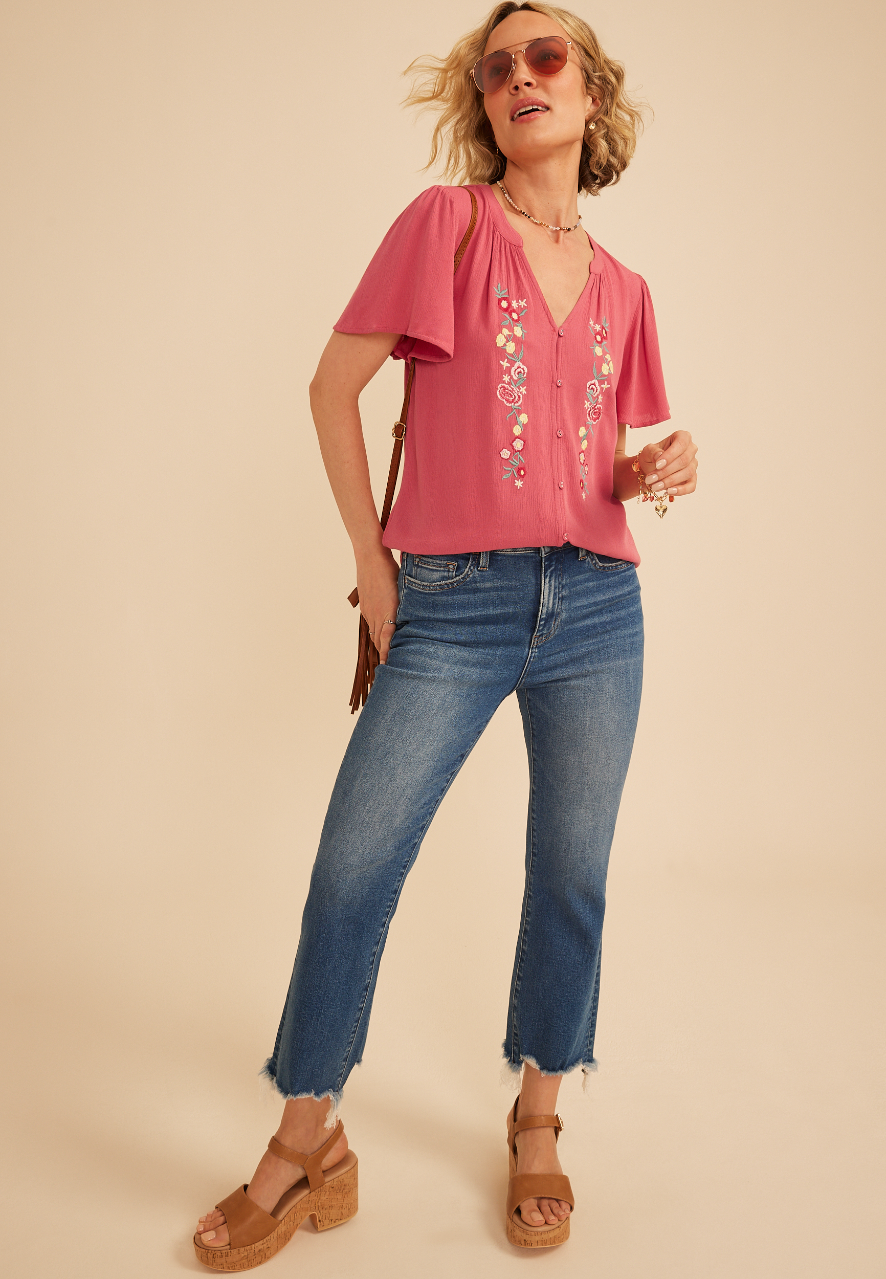 Floral Embroidered Button Front Flutter Sleeve Blouse