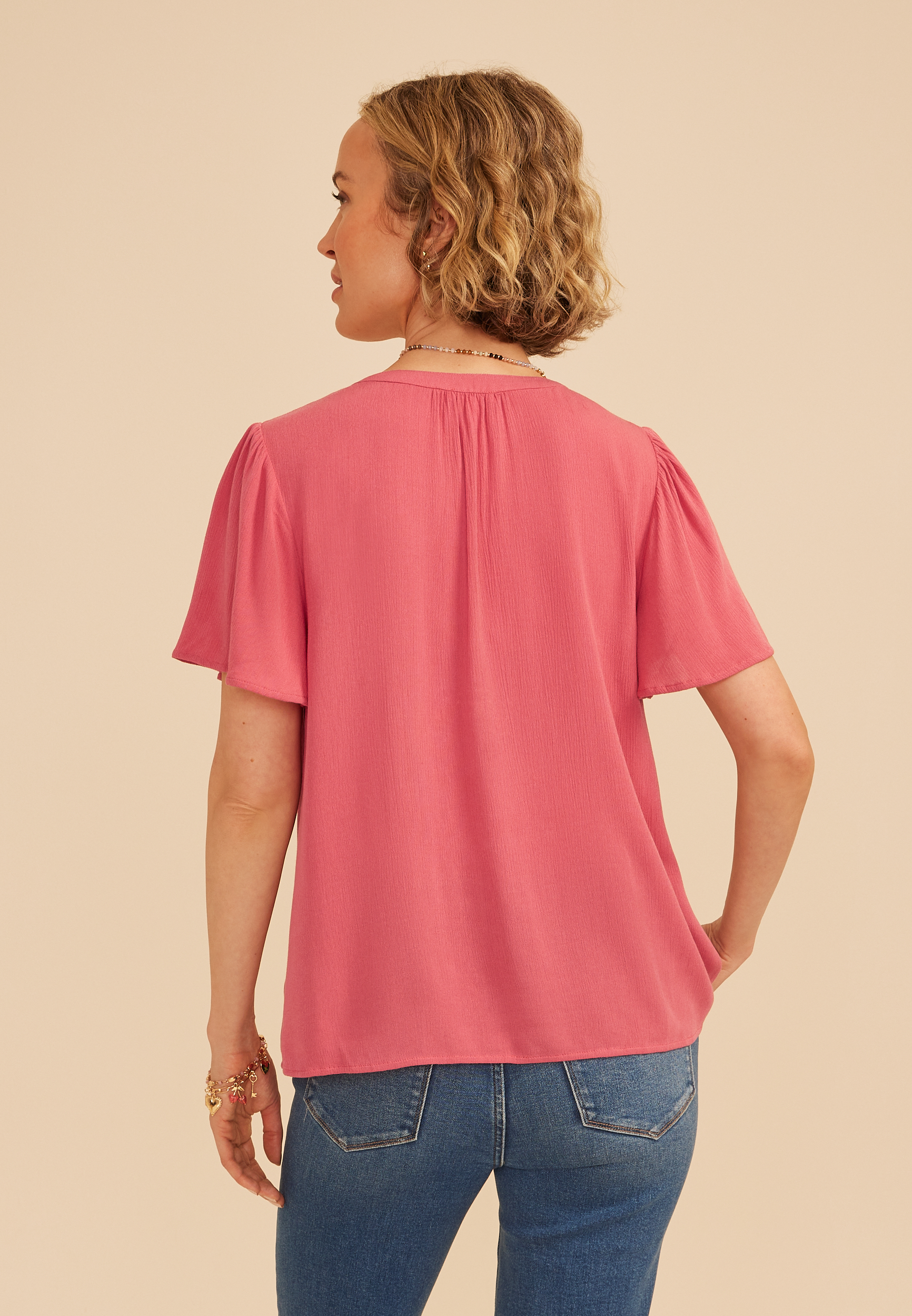 Floral Embroidered Button Front Flutter Sleeve Blouse, C4547, large