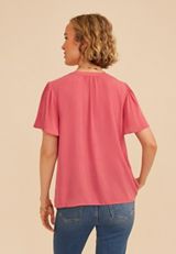Floral Embroidered Button Front Flutter Sleeve Blouse, C4547, small
