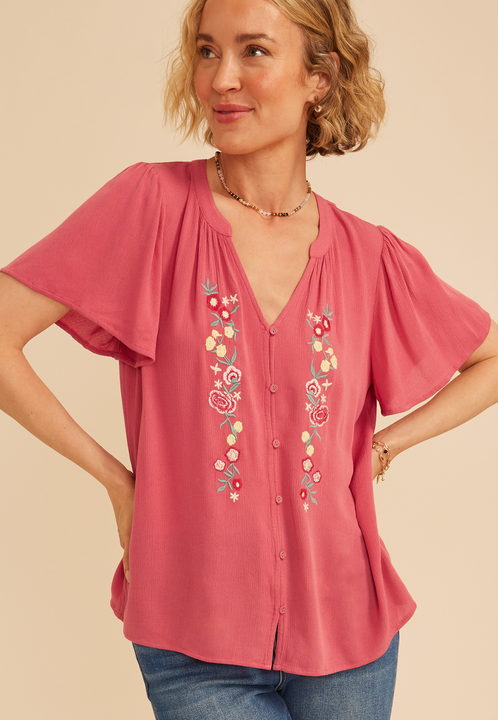 Floral Embroidered Button Front Flutter Sleeve Blouse, C4547, large