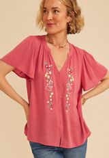 Floral Embroidered Button Front Flutter Sleeve Blouse, C4547, small