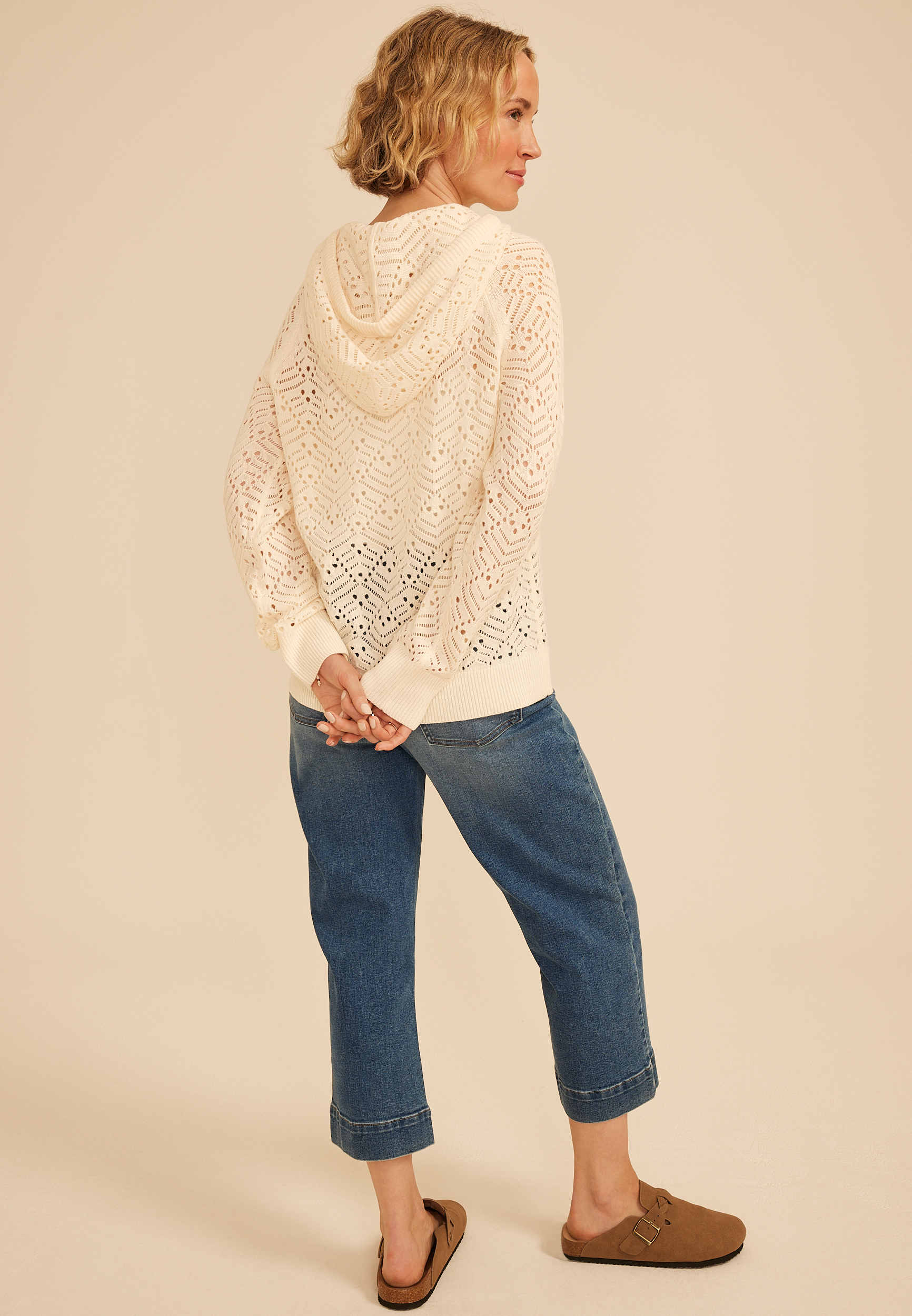 Hooded Open Stitch Crochet Pullover, C8232, large