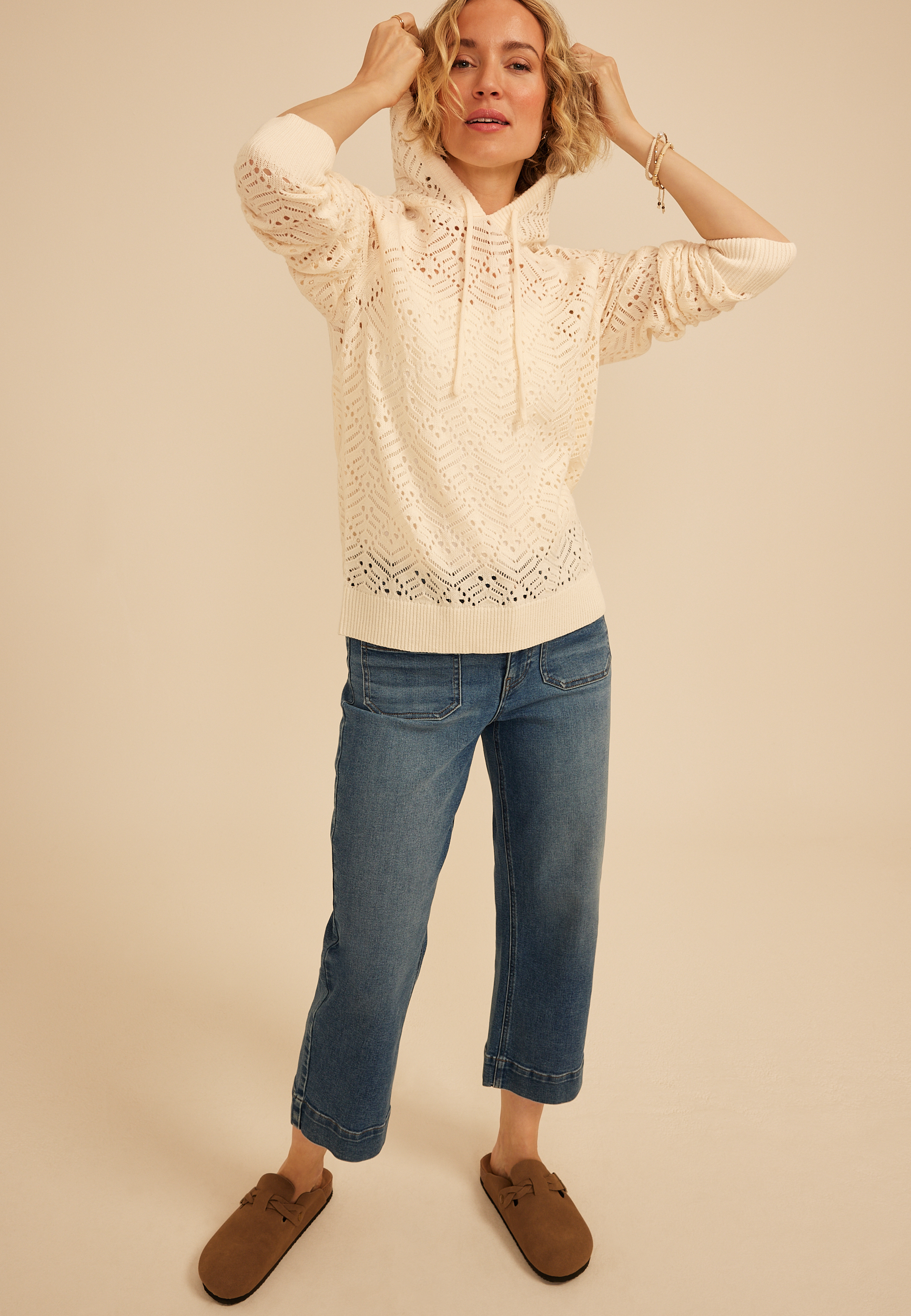 Hooded Open Stitch Crochet Pullover, C8232, large