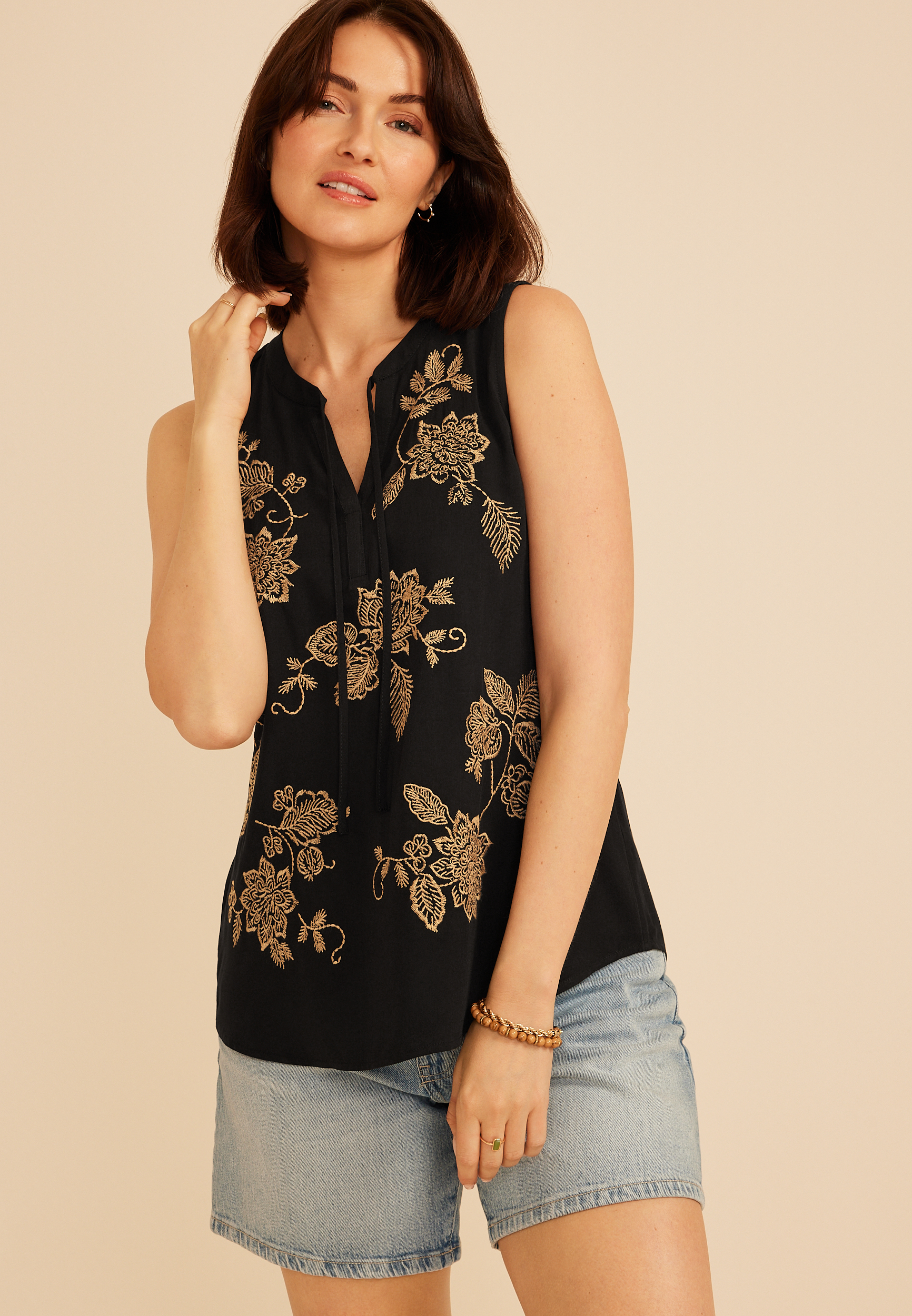 Gold Embroidered Peasant Tank Top