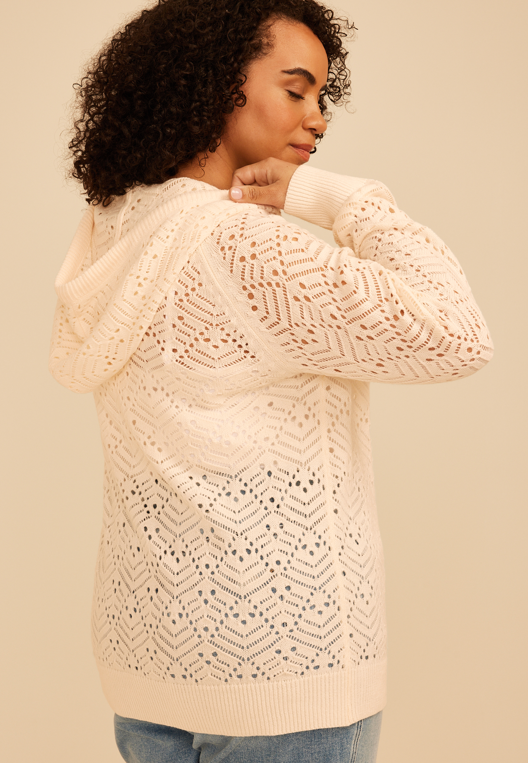 Plus Size Hooded Open Stitch Crochet Pullover, C8232, large