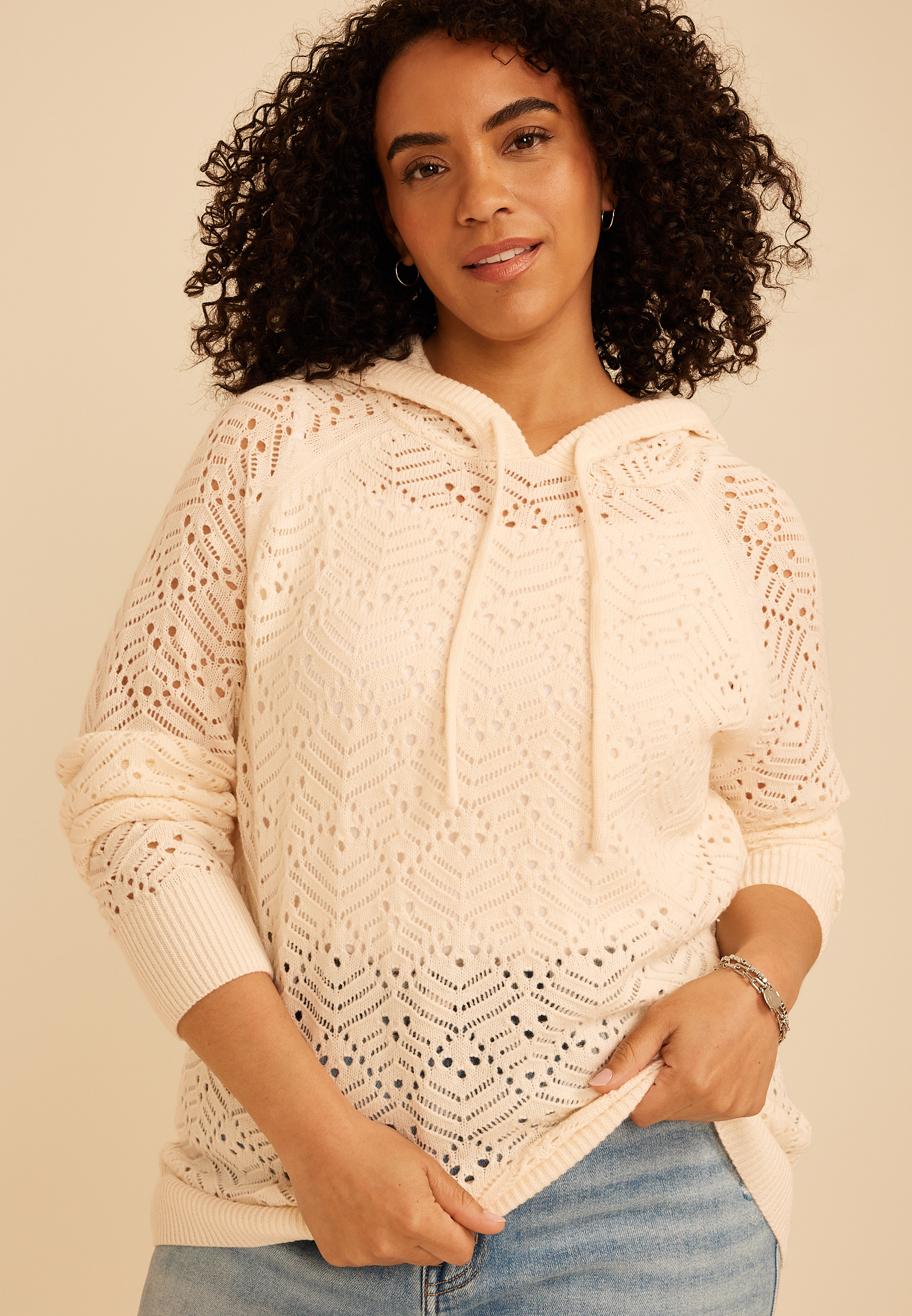 Plus Size Hooded Open Stitch Crochet Pullover, C8232, large