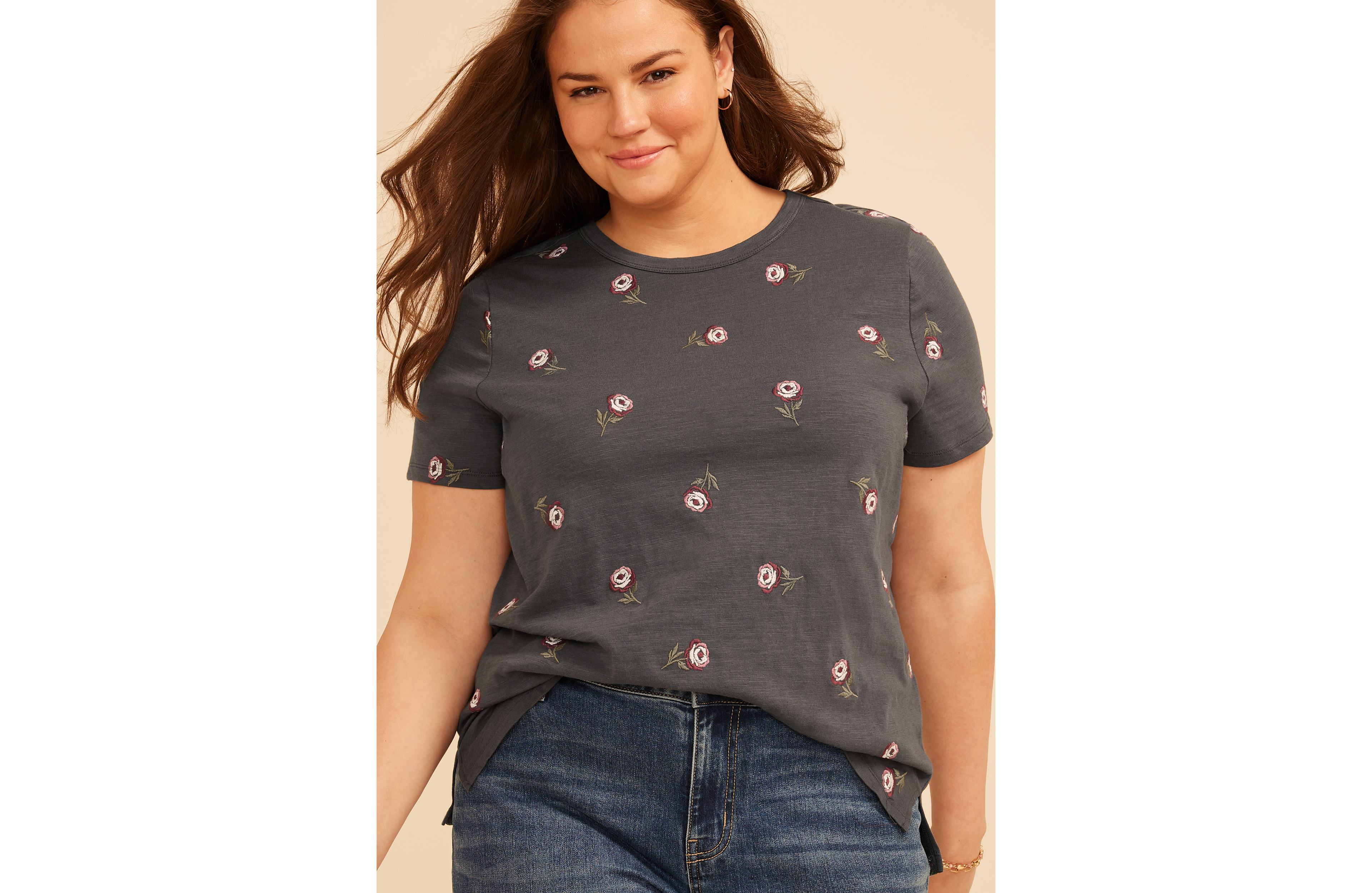Plus 24/7 Dawson Embroidered Rose Crew Neck Tee