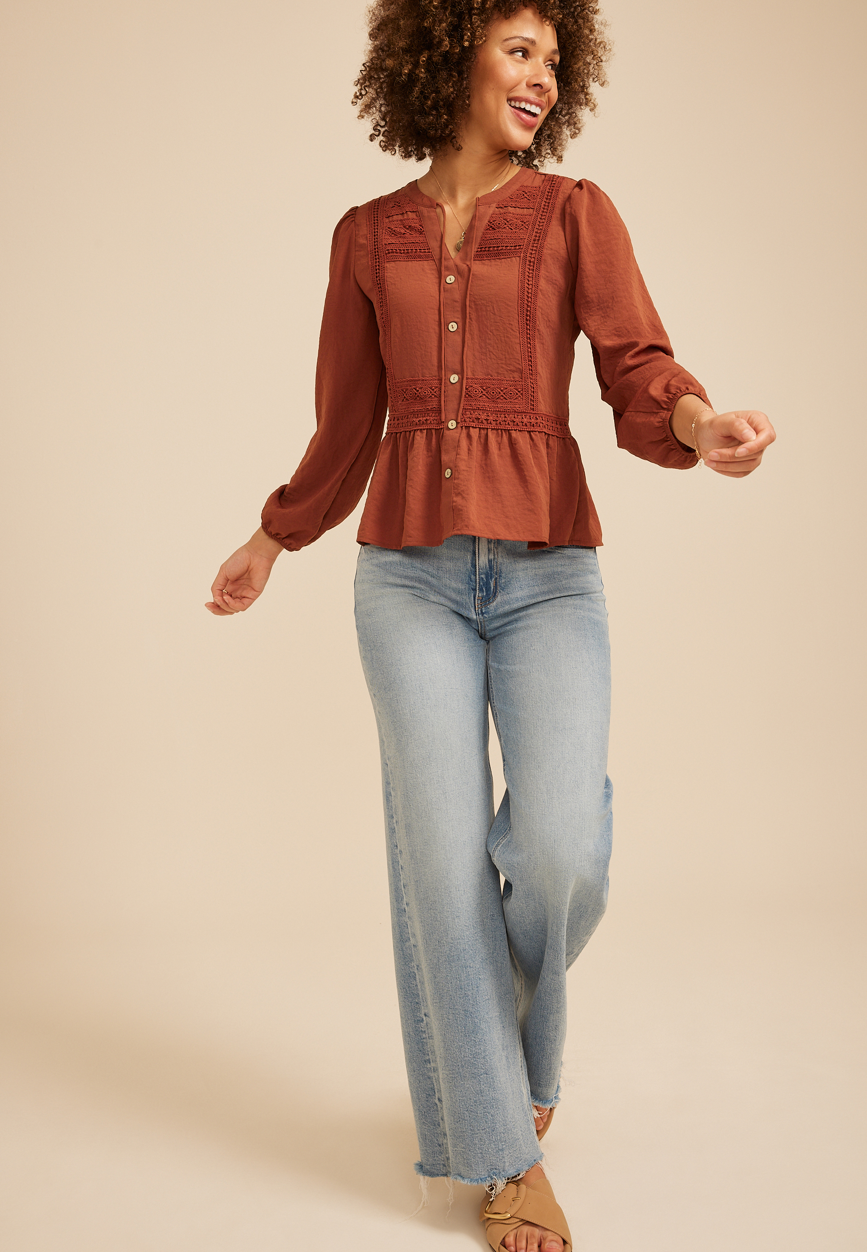 Crochet Trim Tie Neck Blouse