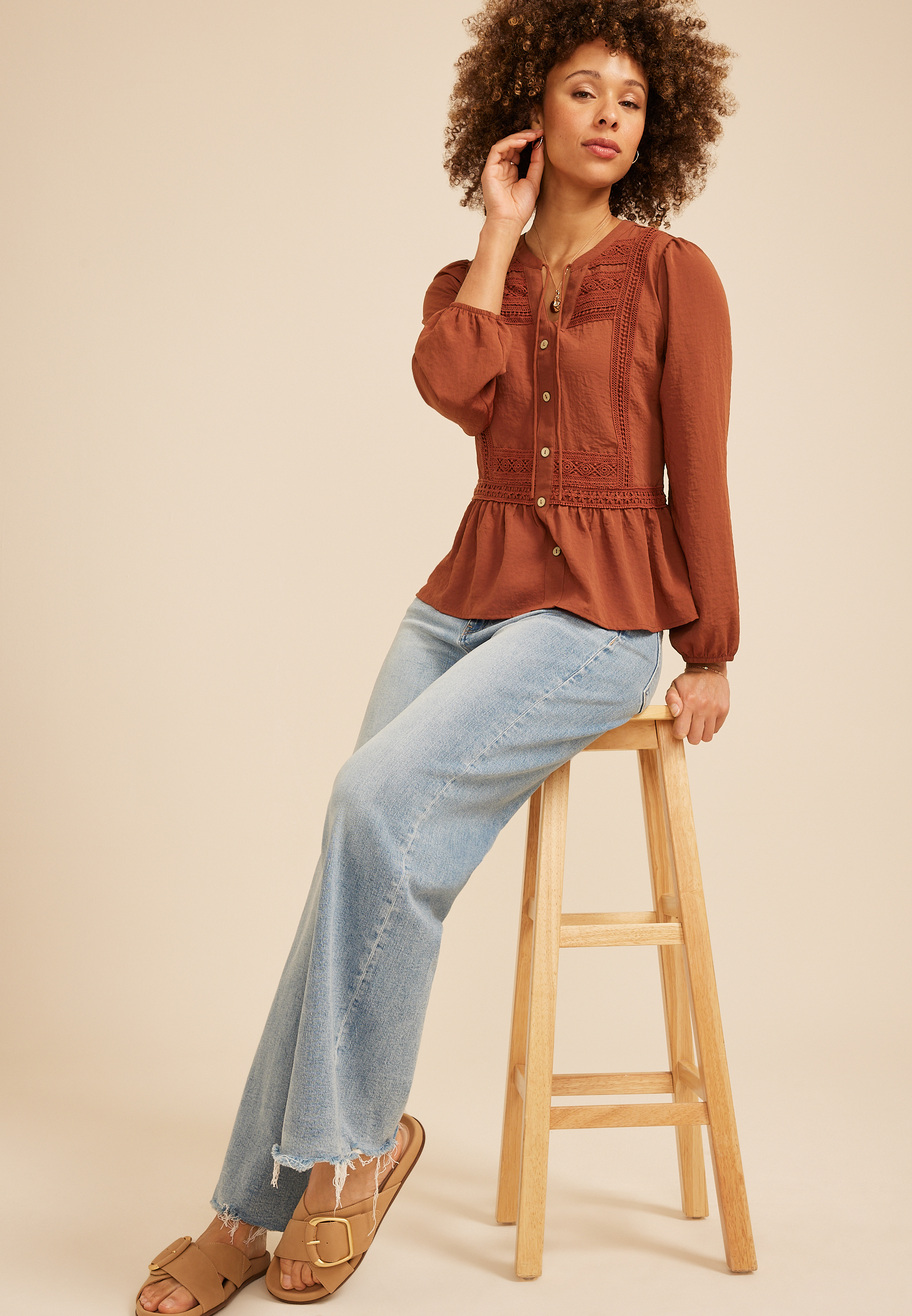 Crochet Trim Tie Neck Blouse | maurices