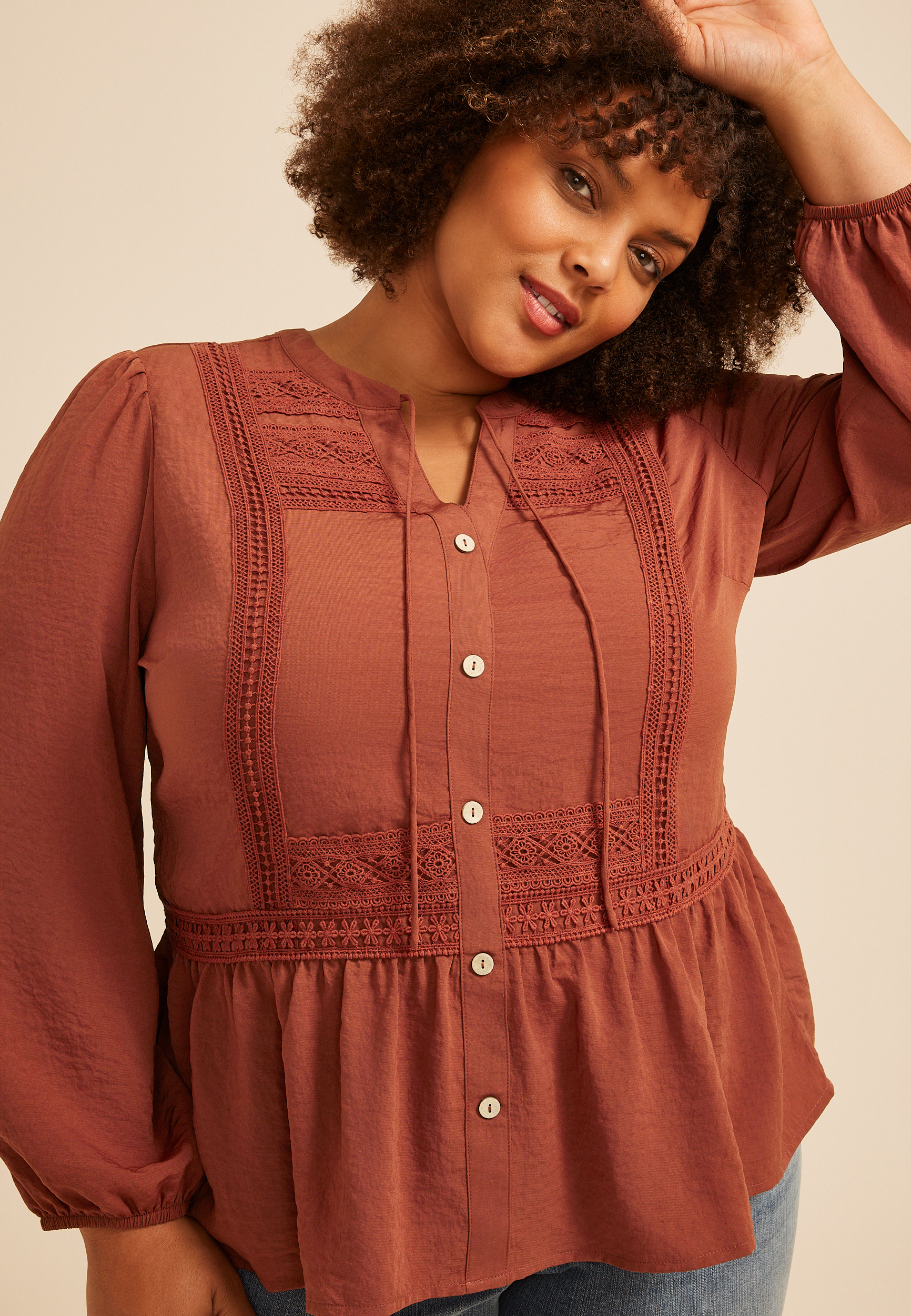 Plus Size Crochet Trim Tie Neck Blouse