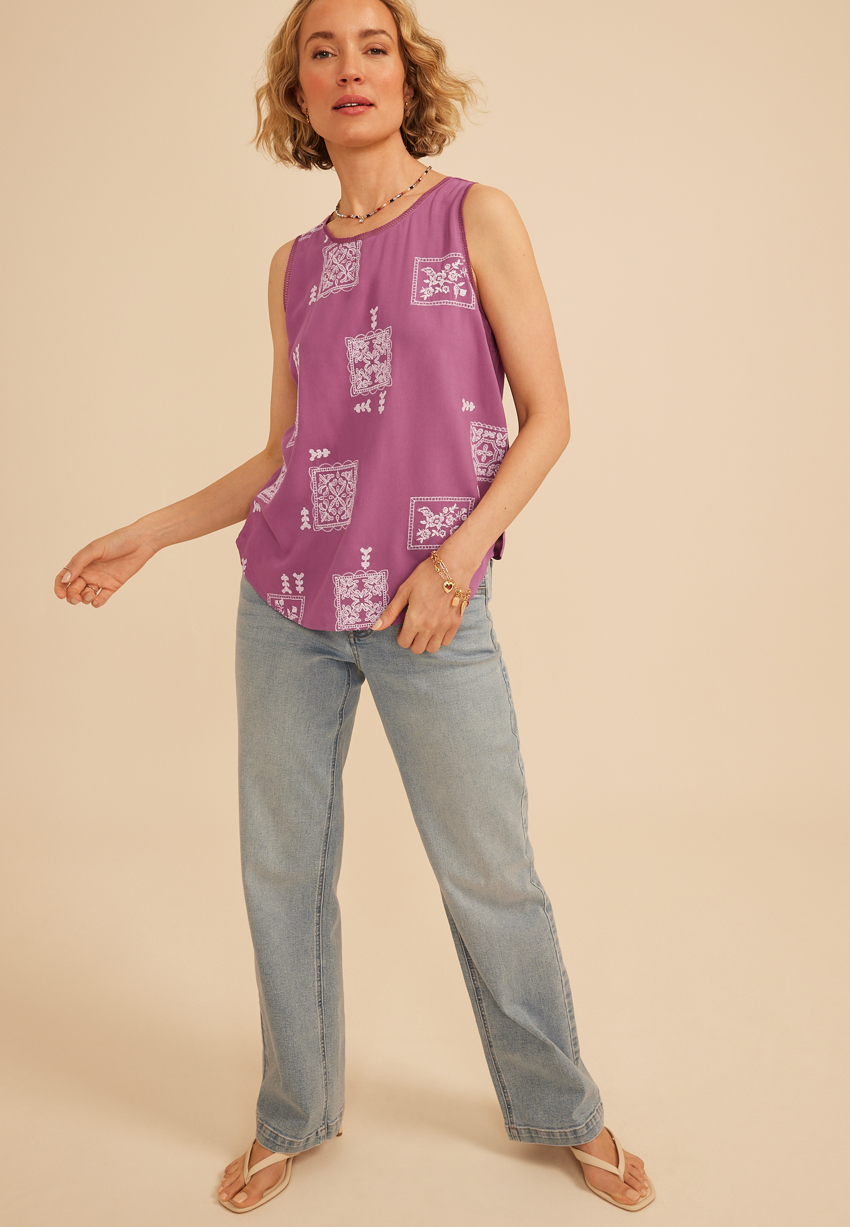 Embroidered Ladder Trim Tank Top, C4819, large