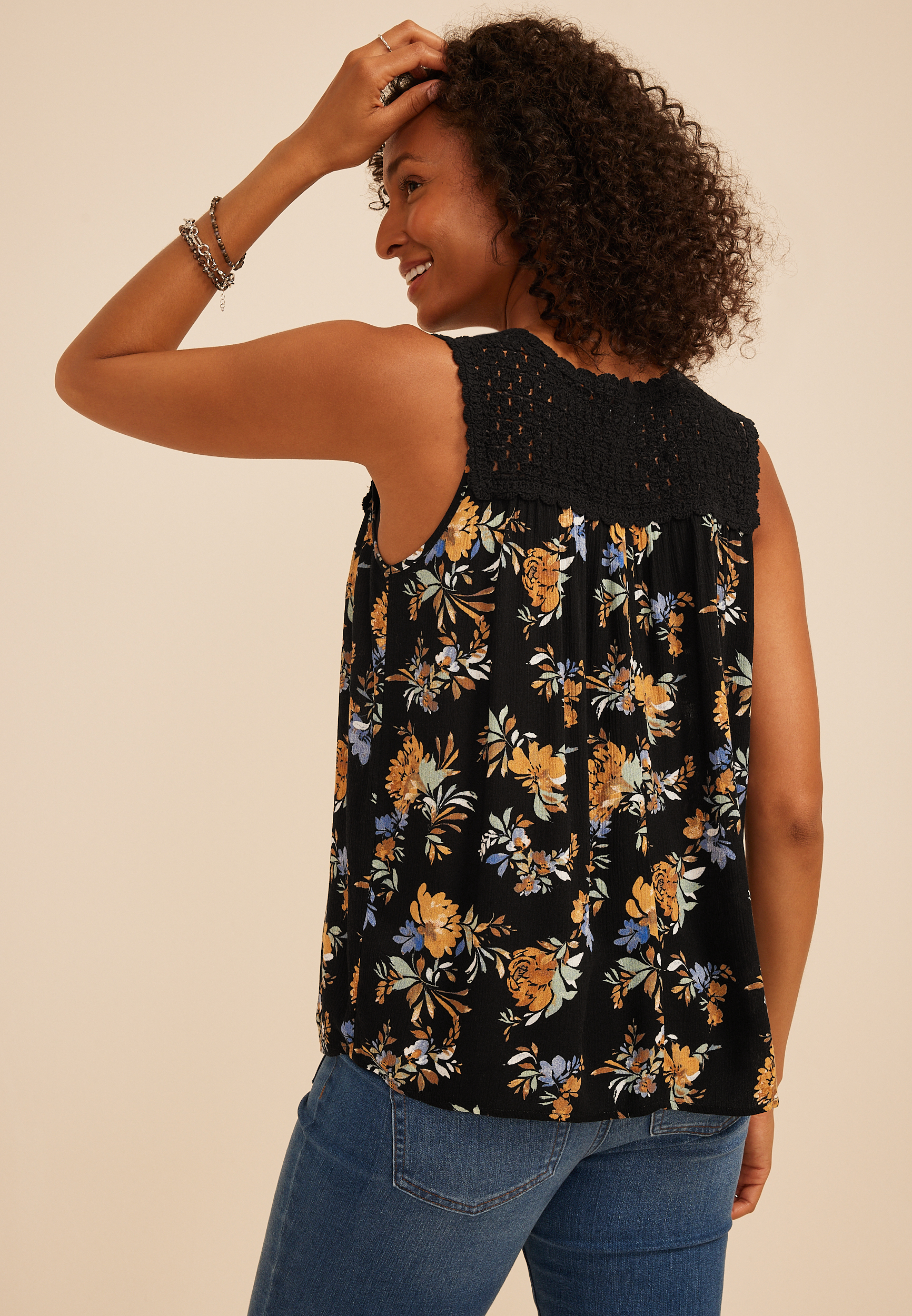 Floral Crochet Yoke Tank Top, C1756, large