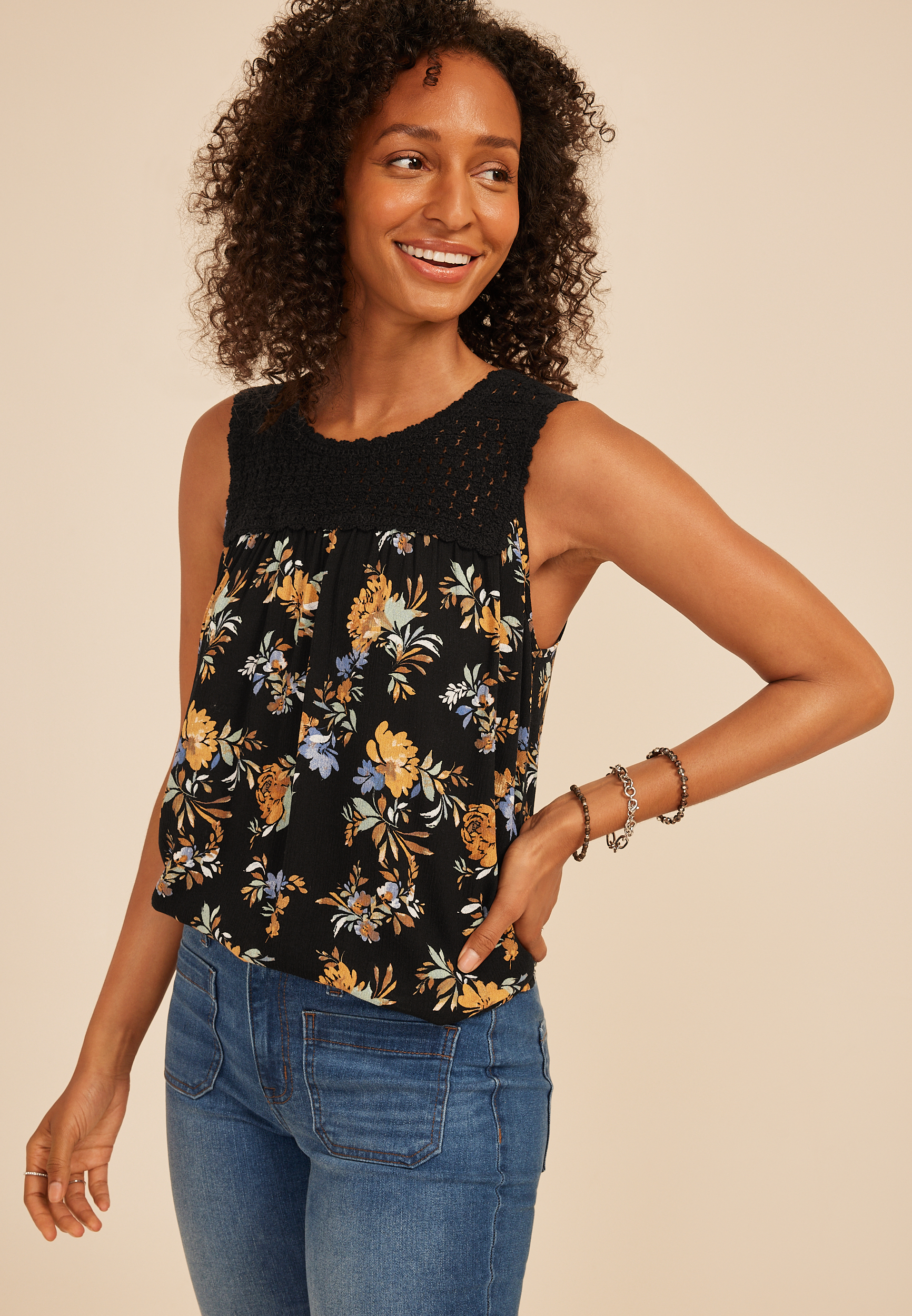 Floral Crochet Yoke Tank Top, C1756, large